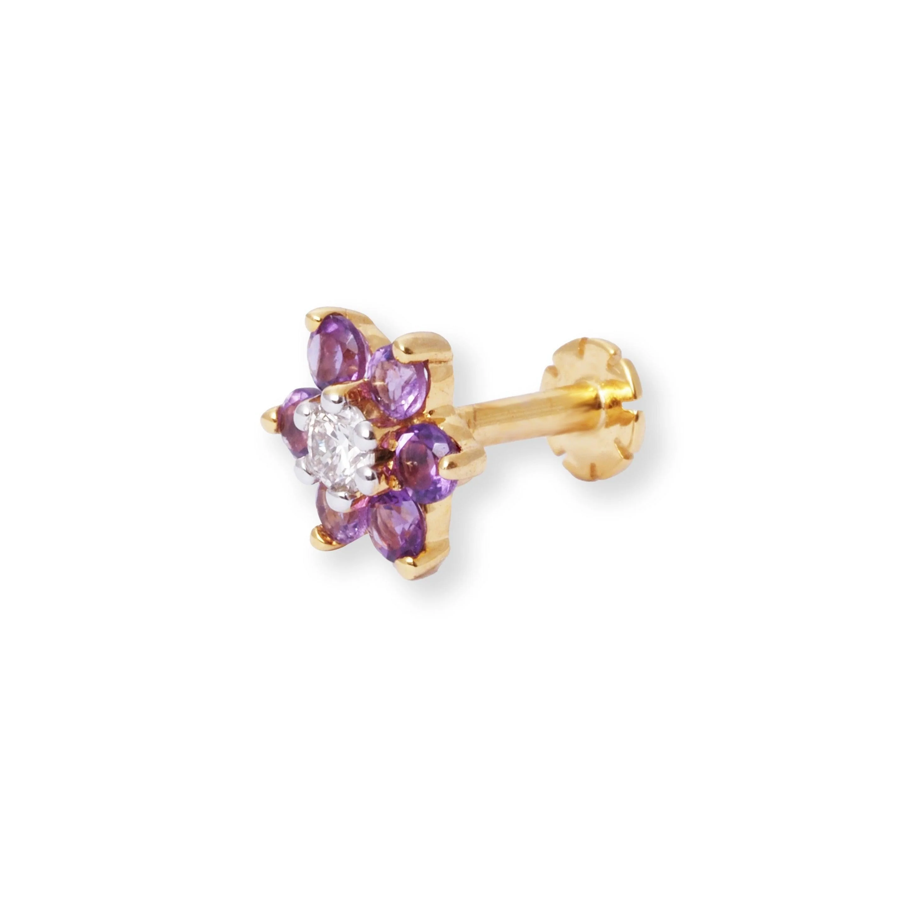 18ct Gold Diamond and Amethyst Cluster Screw Back Nose Stud - Image 4
