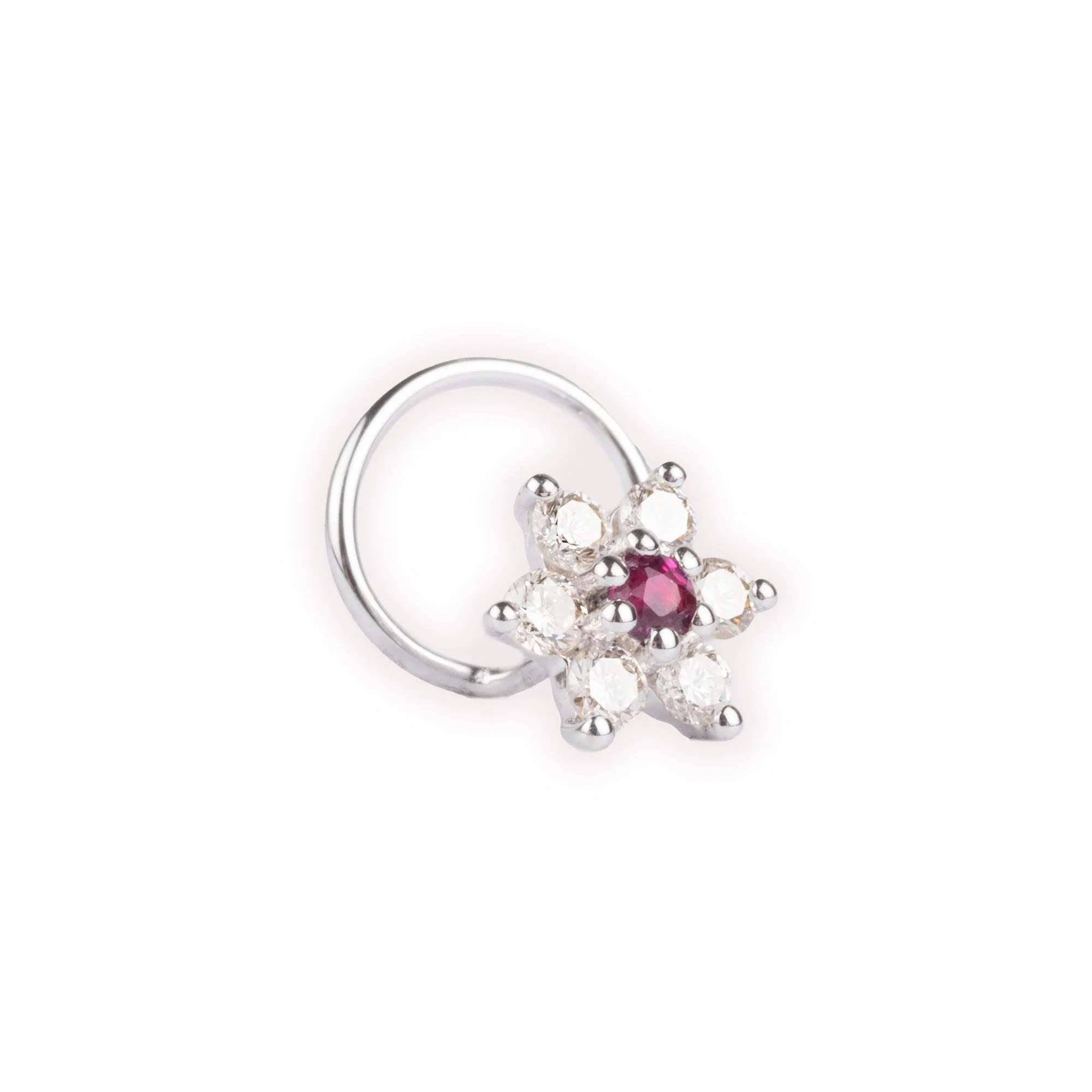 18ct Gold Diamond and Ruby Cluster Wire Coil Back Nose Stud. - Image 4