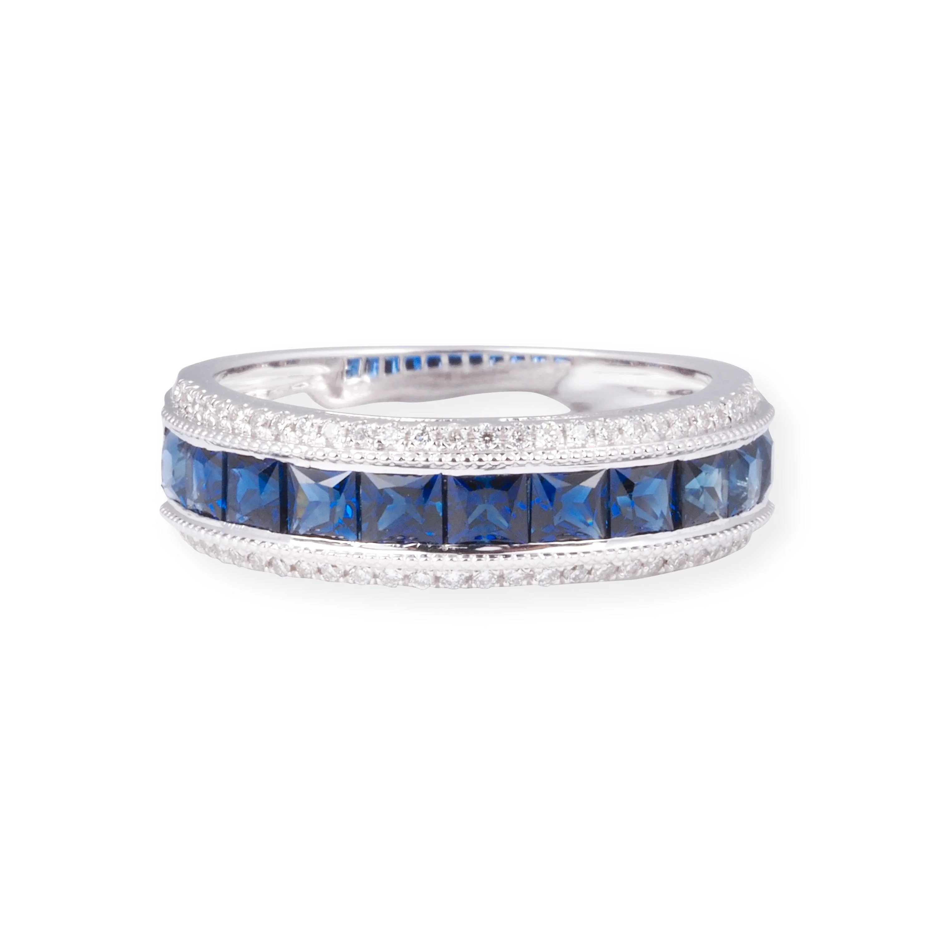 18ct White Gold With Diamonds & Blue Sapphire Ring In Pave Setting LR-7040