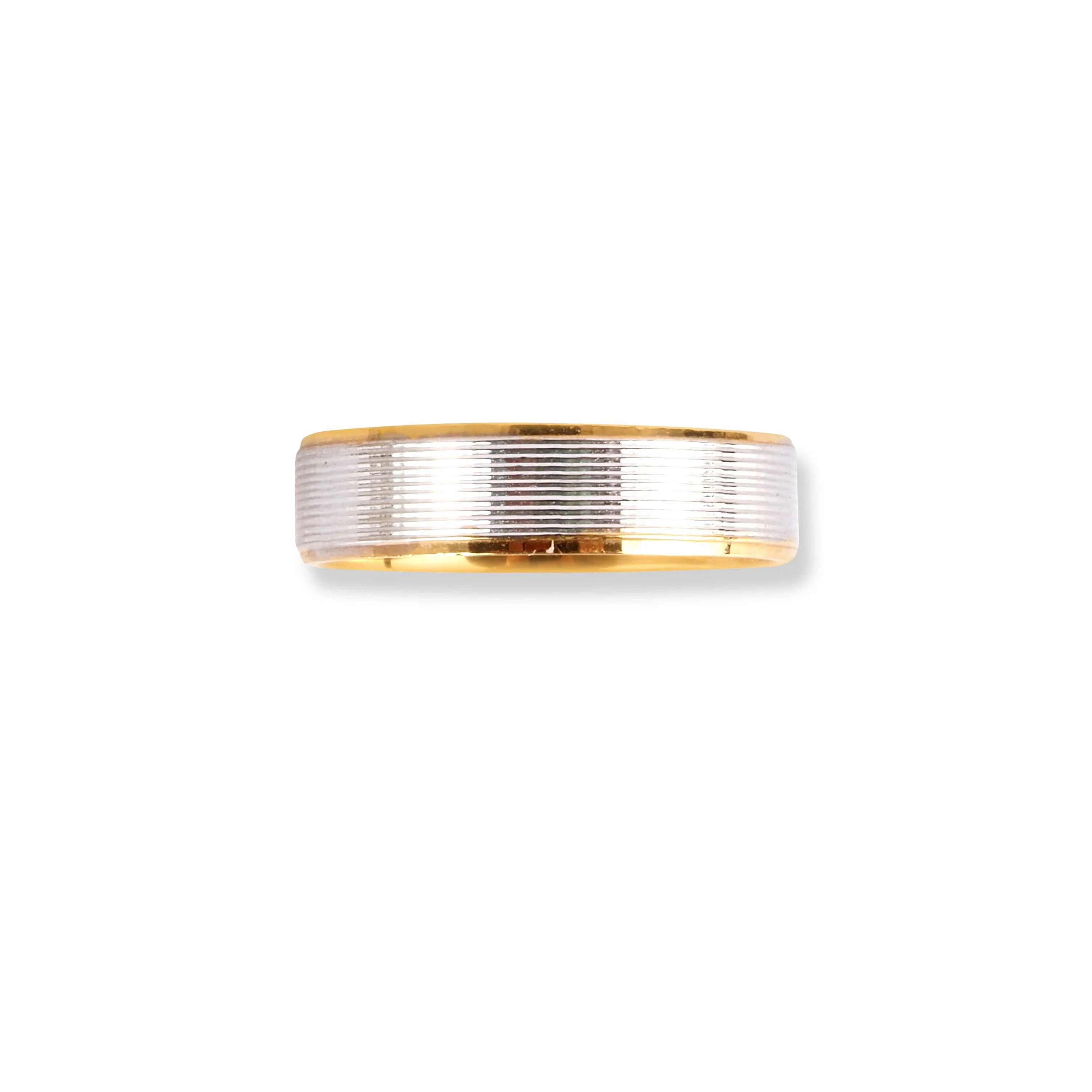 18ct White & Yellow Gold Wedding Band With Brush Finish & Polished Grooved Edges | Size L½ - Image 3