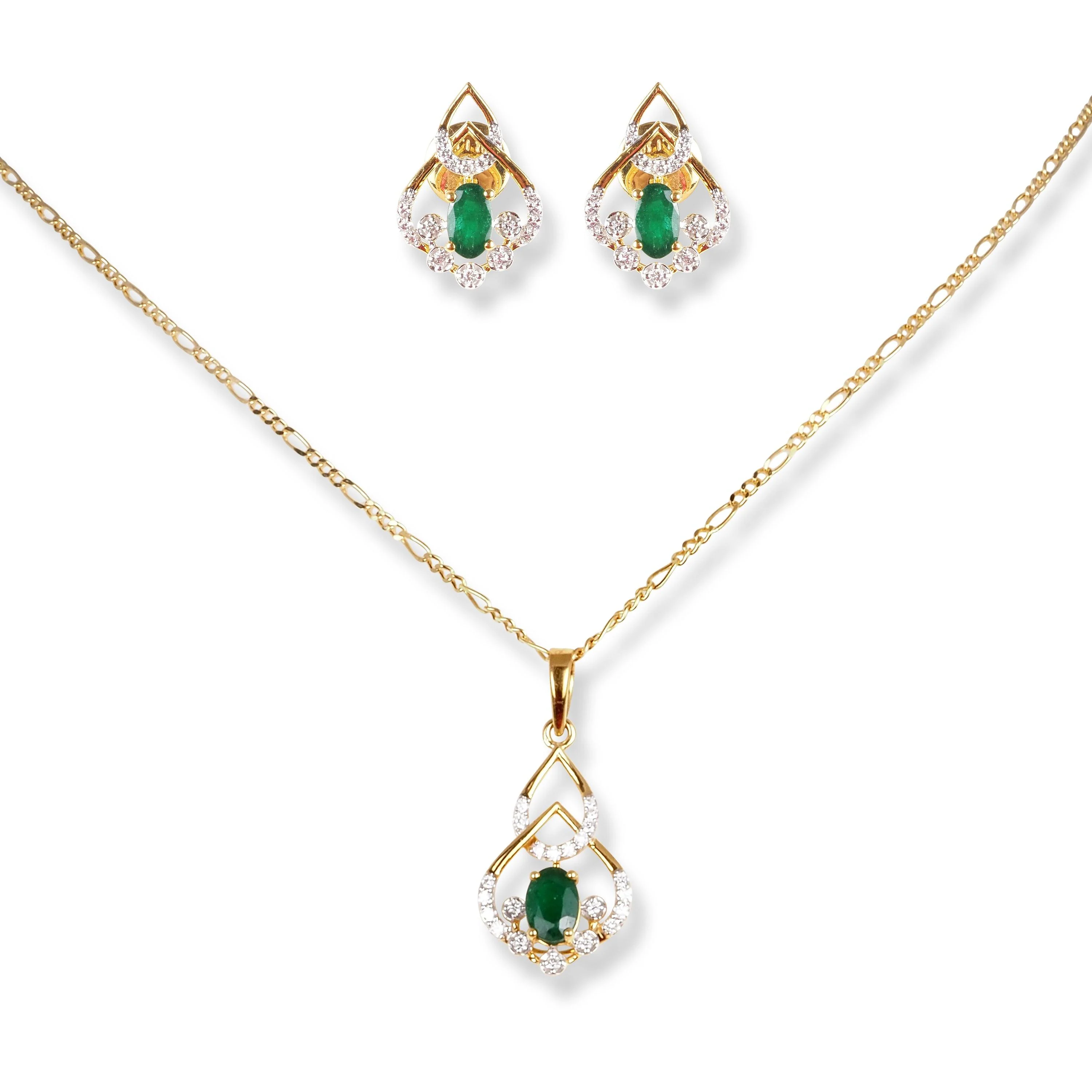 18ct Yellow Gold Diamond & Emerald Set - Diamond Emerald suite