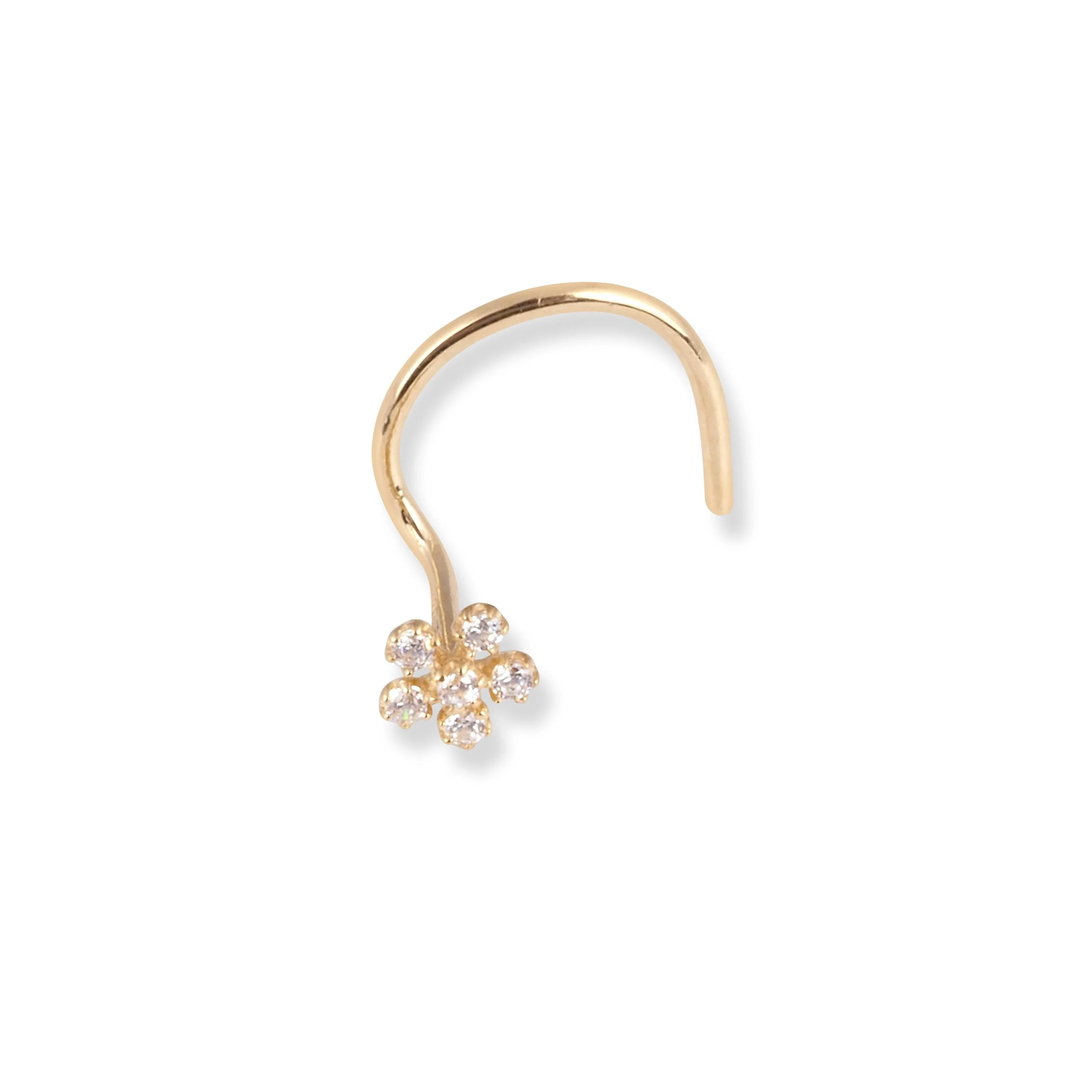 18ct Yellow Gold Flower Design Wire Back Nose Stud with 6 White Cubic Zirconia Stones - Image 2