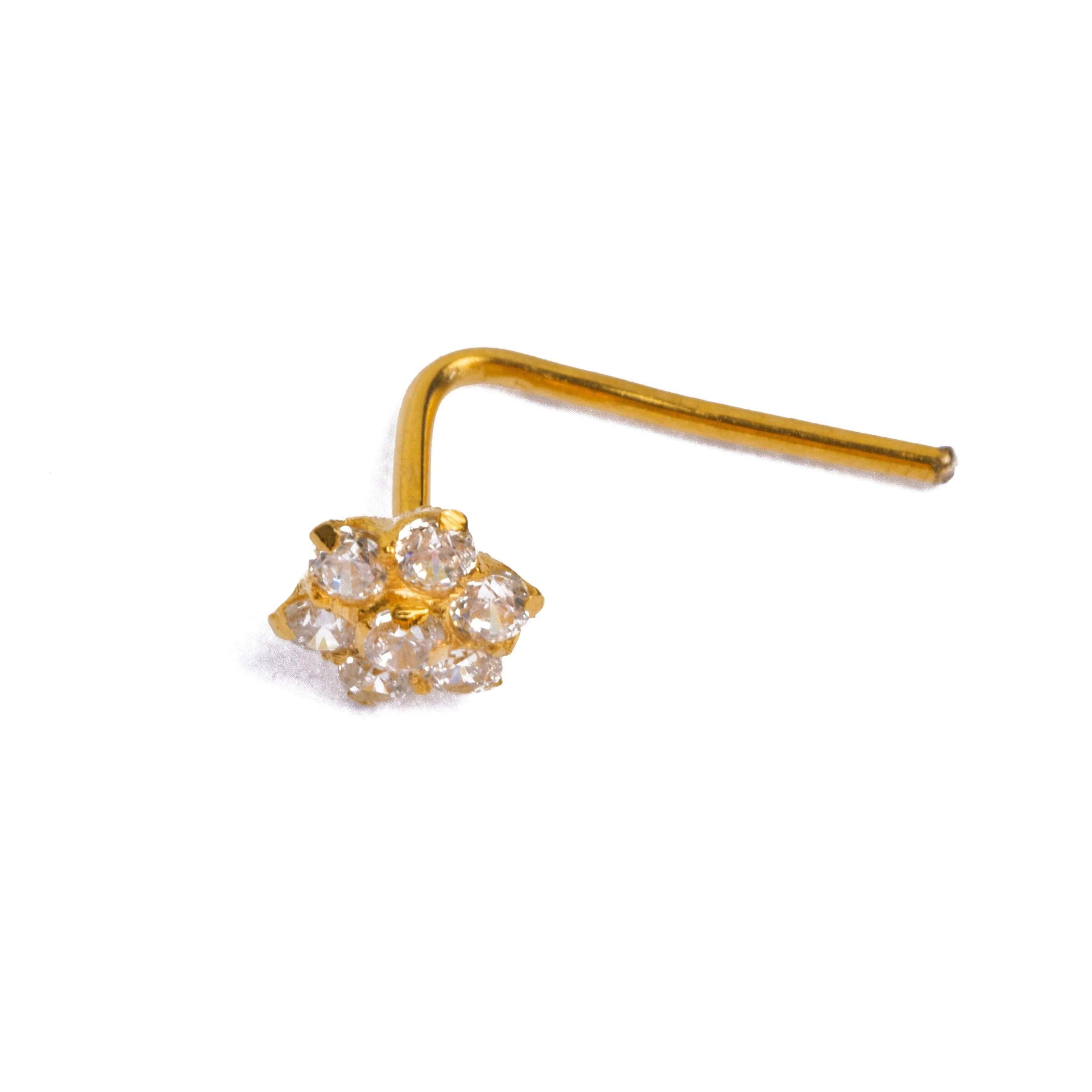 18ct Yellow Gold L-Shaped Nose Stud set with Seven Cubic Zirconias - Image 4