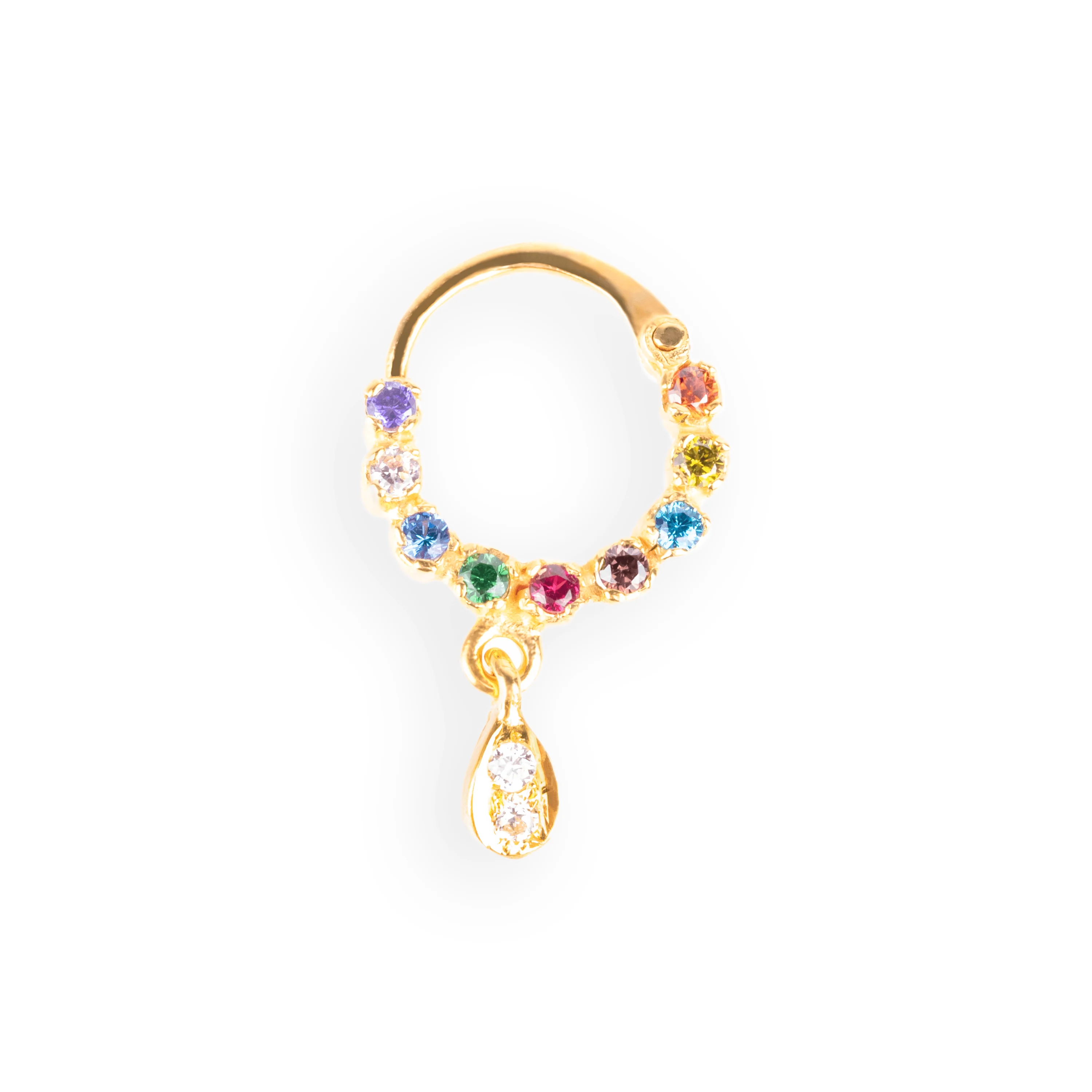 18ct Yellow Gold Nose Ring with Multi-Coloured Cubic Zirconia and Drop - Image 4