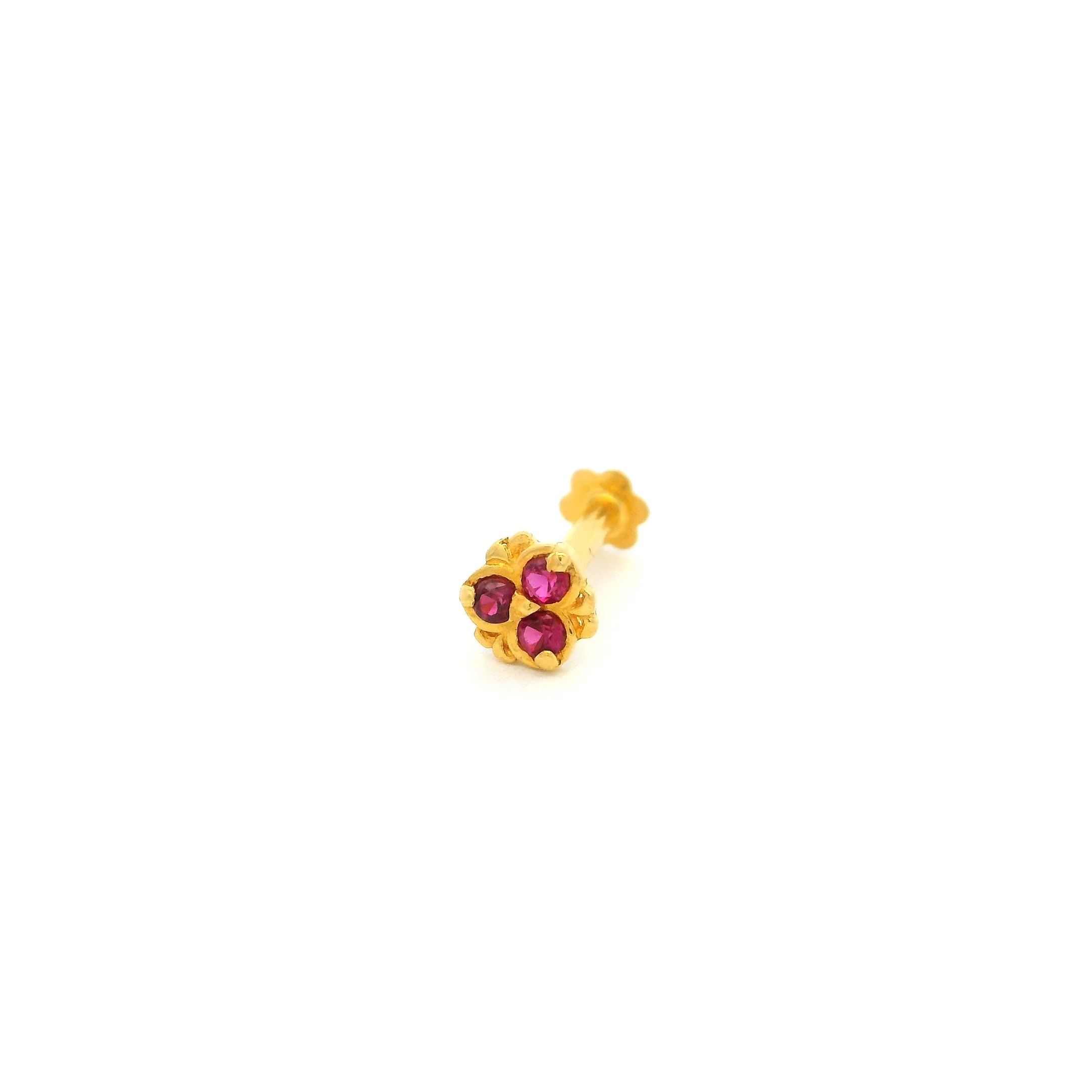 18ct Yellow Gold Nose Stud set with Three Pink Cubic Zirconia Stones.