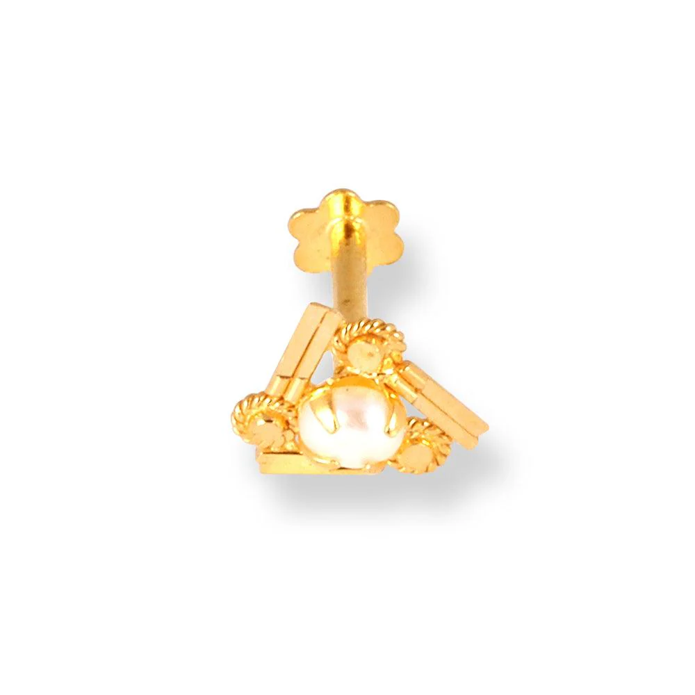 18ct Yellow Gold Screw Back Nose Stud in Triangular Shape with a Cultured Pearl - Image 2