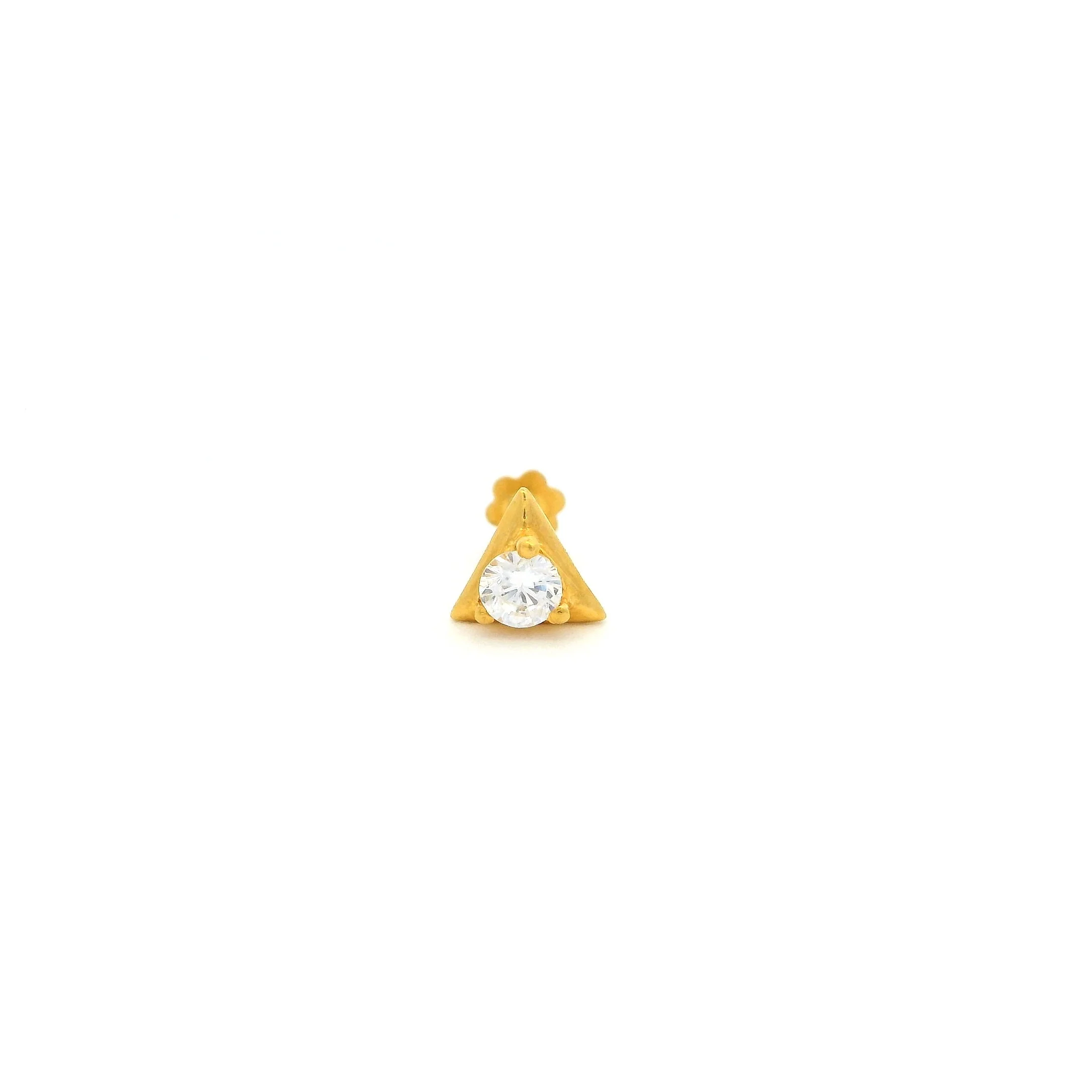 18ct Yellow Gold Screw Back Nose Stud with One White Cubic Zirconia in a Triangular Shaped Setting.