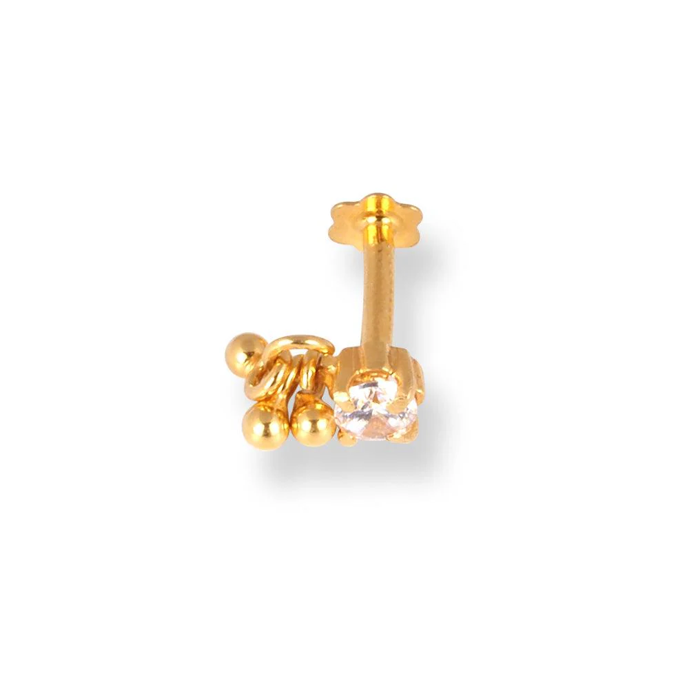 18ct Yellow Gold Screw Back Nose Stud with a Cubic Zirconia Stone and Gold Drops - Image 2
