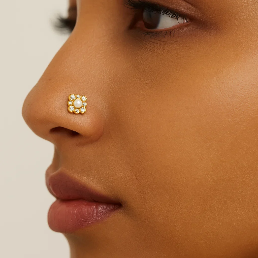 18ct Yellow Gold Screw Back Nose Stud with CZ & Cultured Pearl – Elegant & Secure Fit - Image 2
