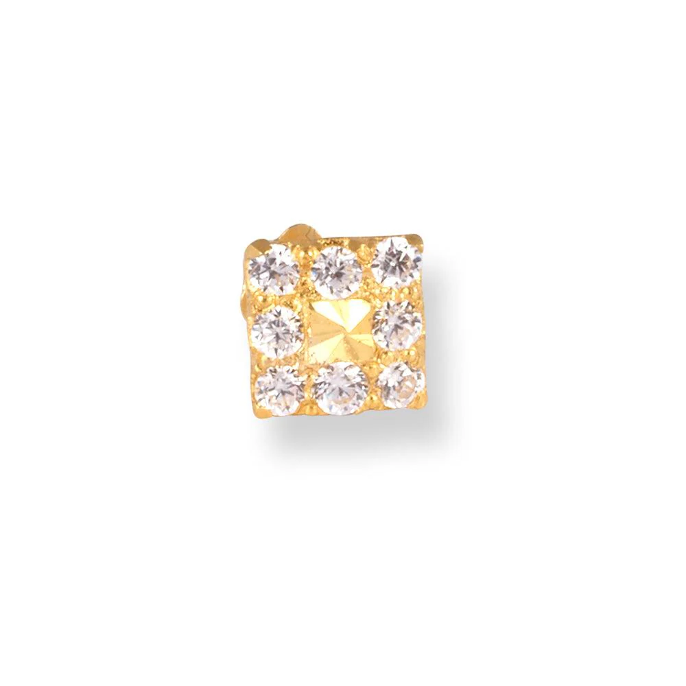 18ct Yellow Gold Square Shaped Screw Back Nose Stud with Cubic Zirconia Stones. - Image 2