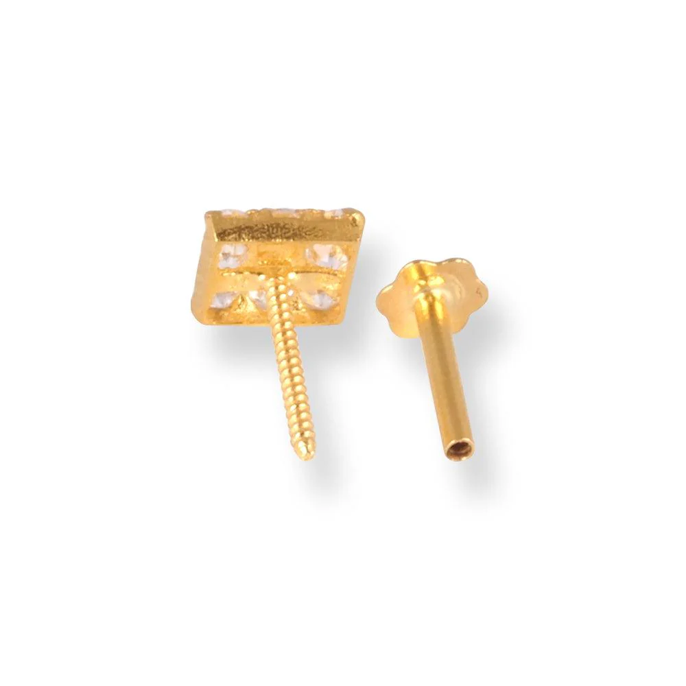 18ct Yellow Gold Square Shaped Screw Back Nose Stud with Cubic Zirconia Stones. - Image 4