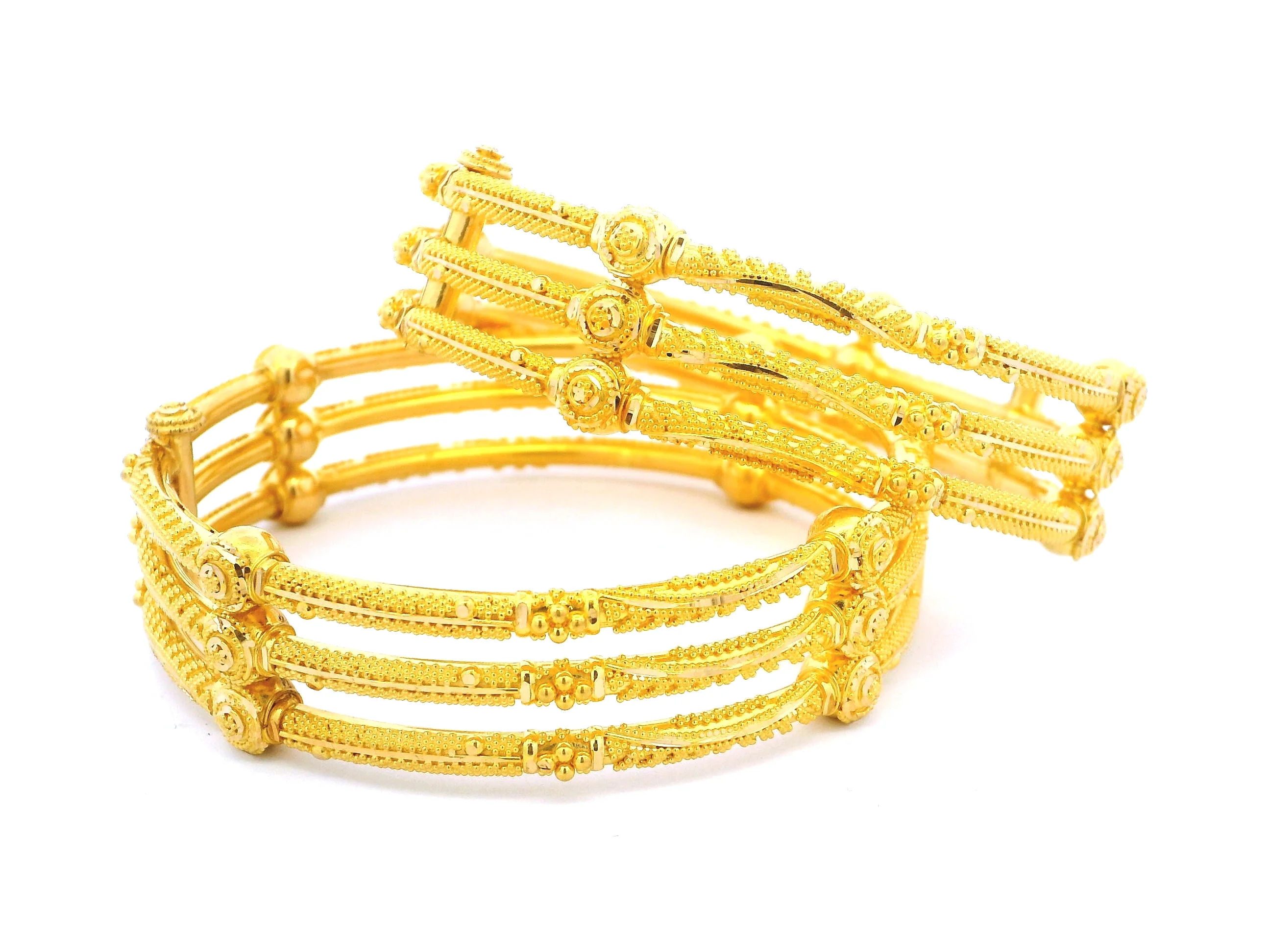 22 Carat Gold Open Bangles (Pair) – Three Row Filigree Design & Secure Screw Mechanism - Image 2