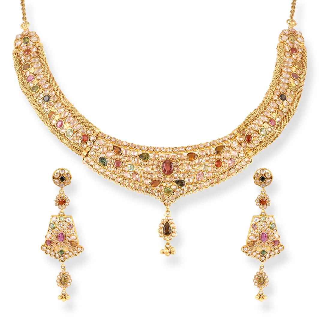22ct Gold Antiquated Look Design Necklace with Multicoloured Cubic Zirconia Stones & Hook Clasp. - Image 3