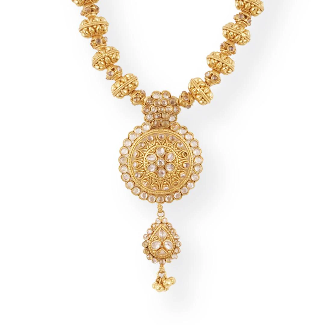 22ct Gold Antique-Style Necklace & Earrings Set with Floral Circular Pendant Design - Image 2