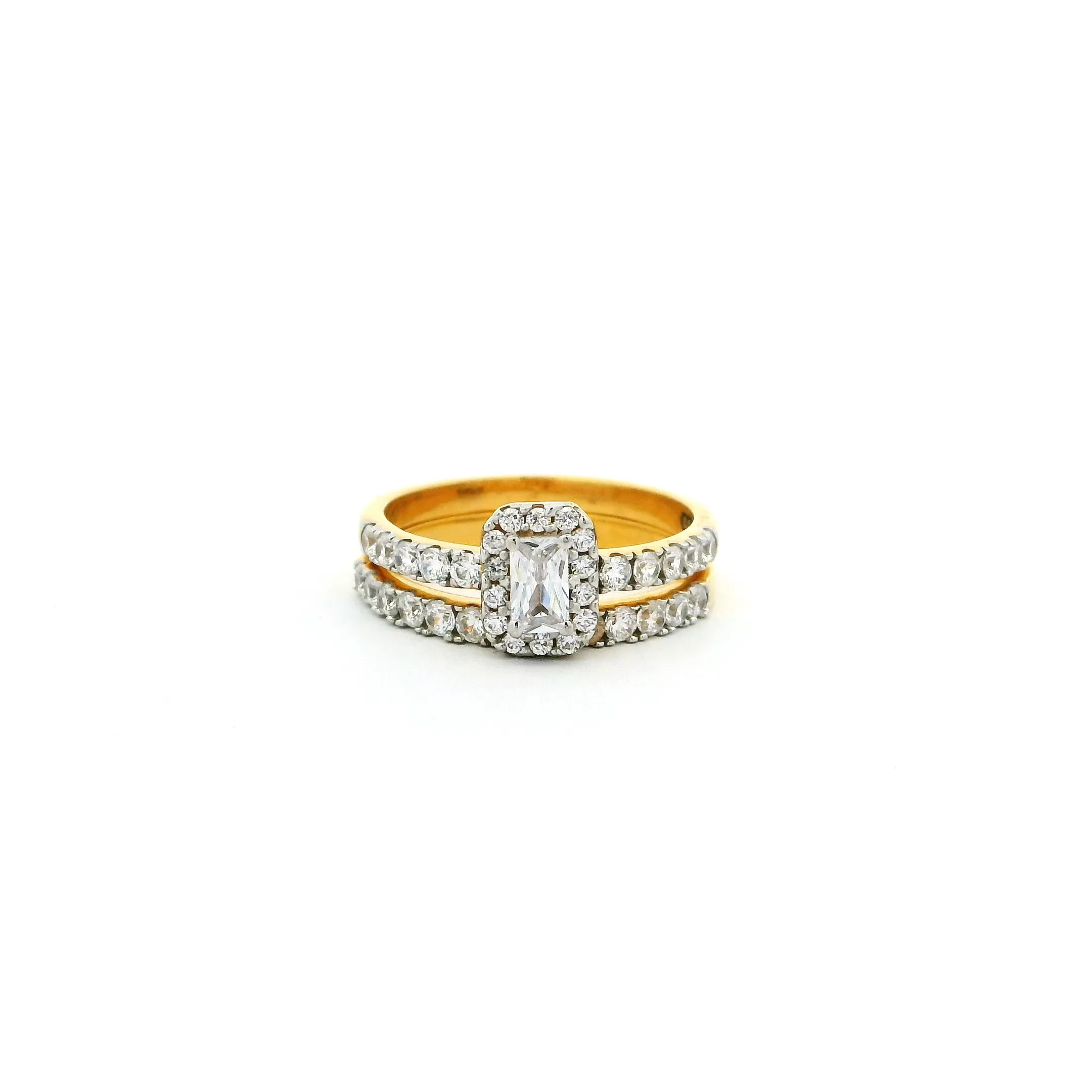 22ct Gold Cubic Zirconia Bridal Set – Radiant & Round Engagement Ring with Wedding Band | Size O