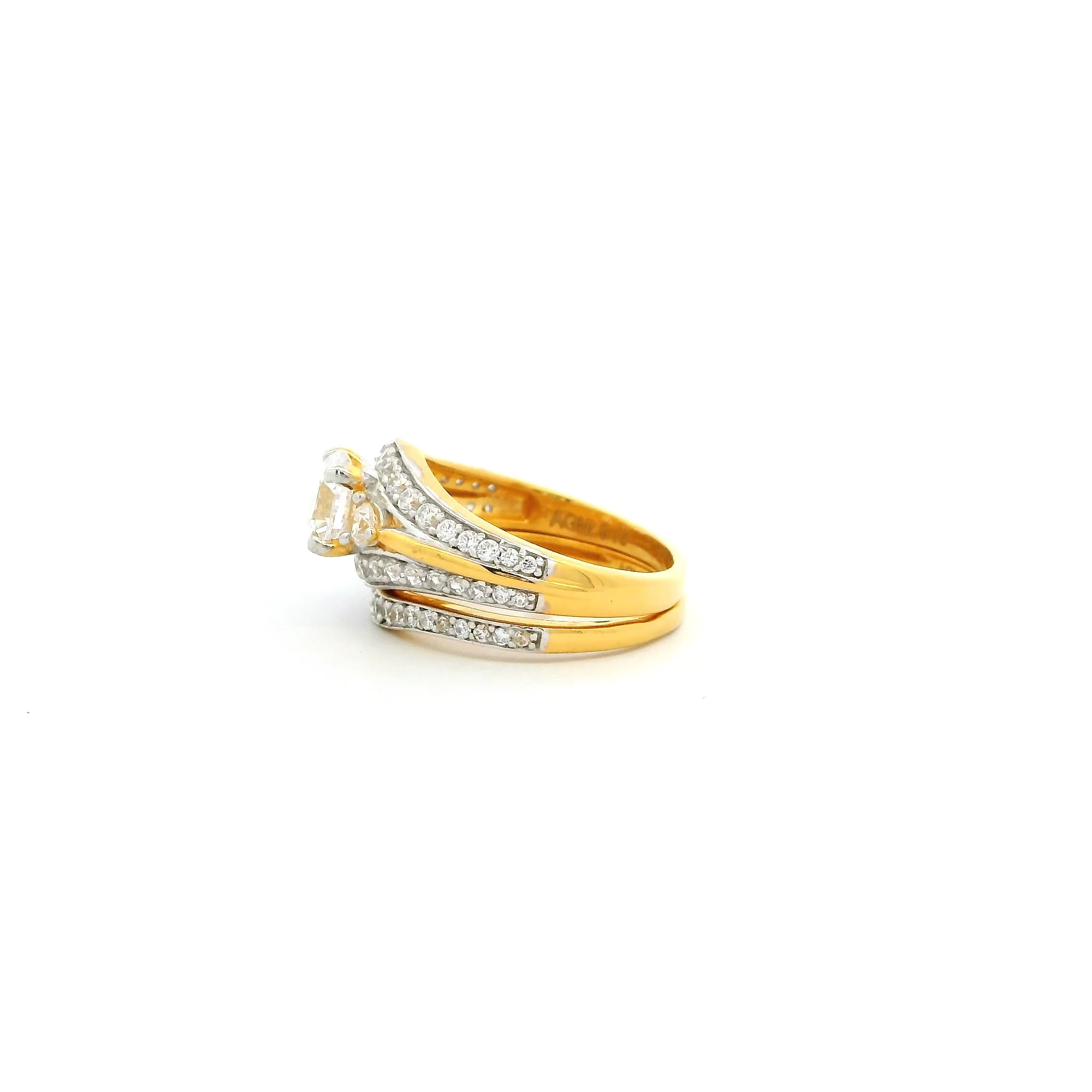 22ct Gold CZ Engagement Ring & Wedding Band Set – Fancy Trinity Design | Size I - Image 2