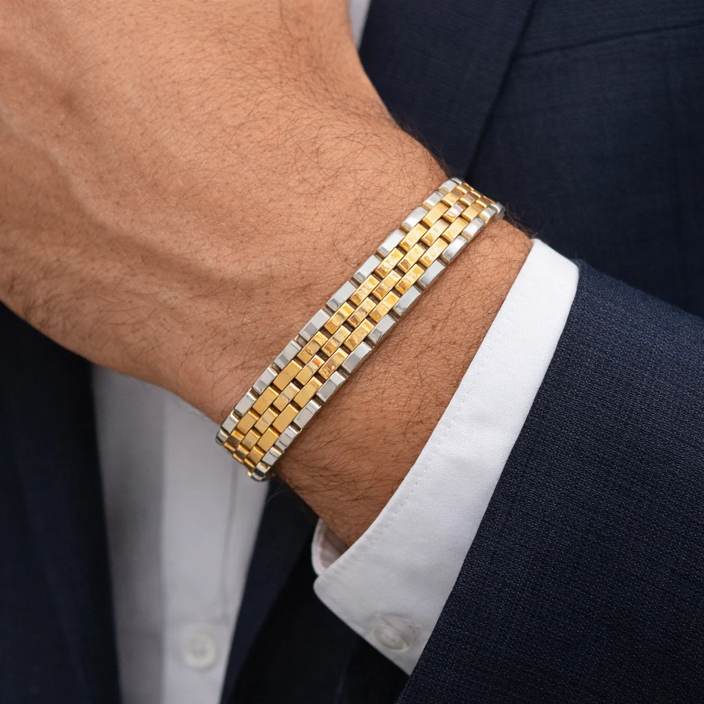 22ct Gold Men’s Link Bracelet with Rhodium Plating – Semi Hollow Design - Image 2