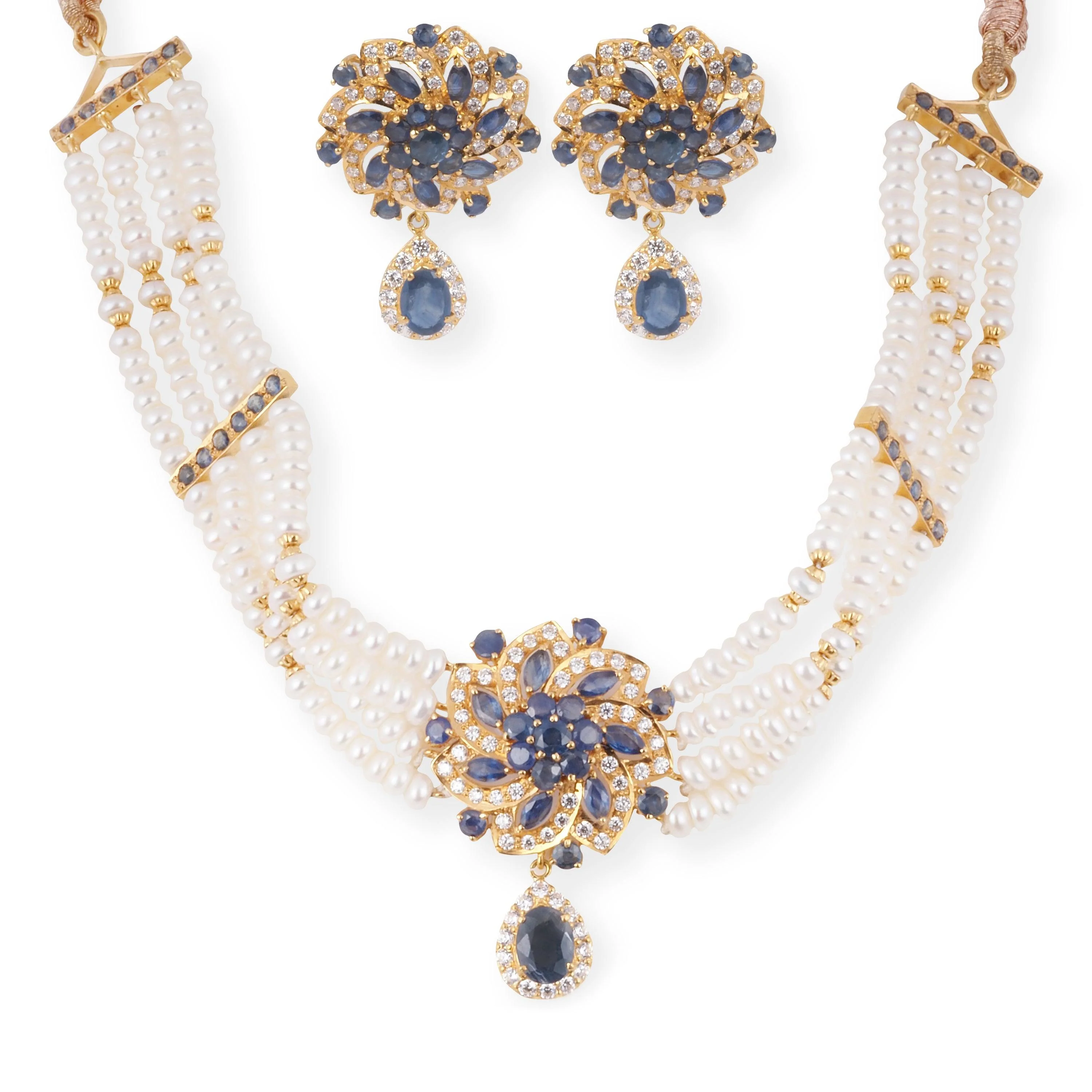 22ct Gold Multi-Strand Pearl Choker Necklace with Blue & White Cubic Ziconia Accents - Image 3