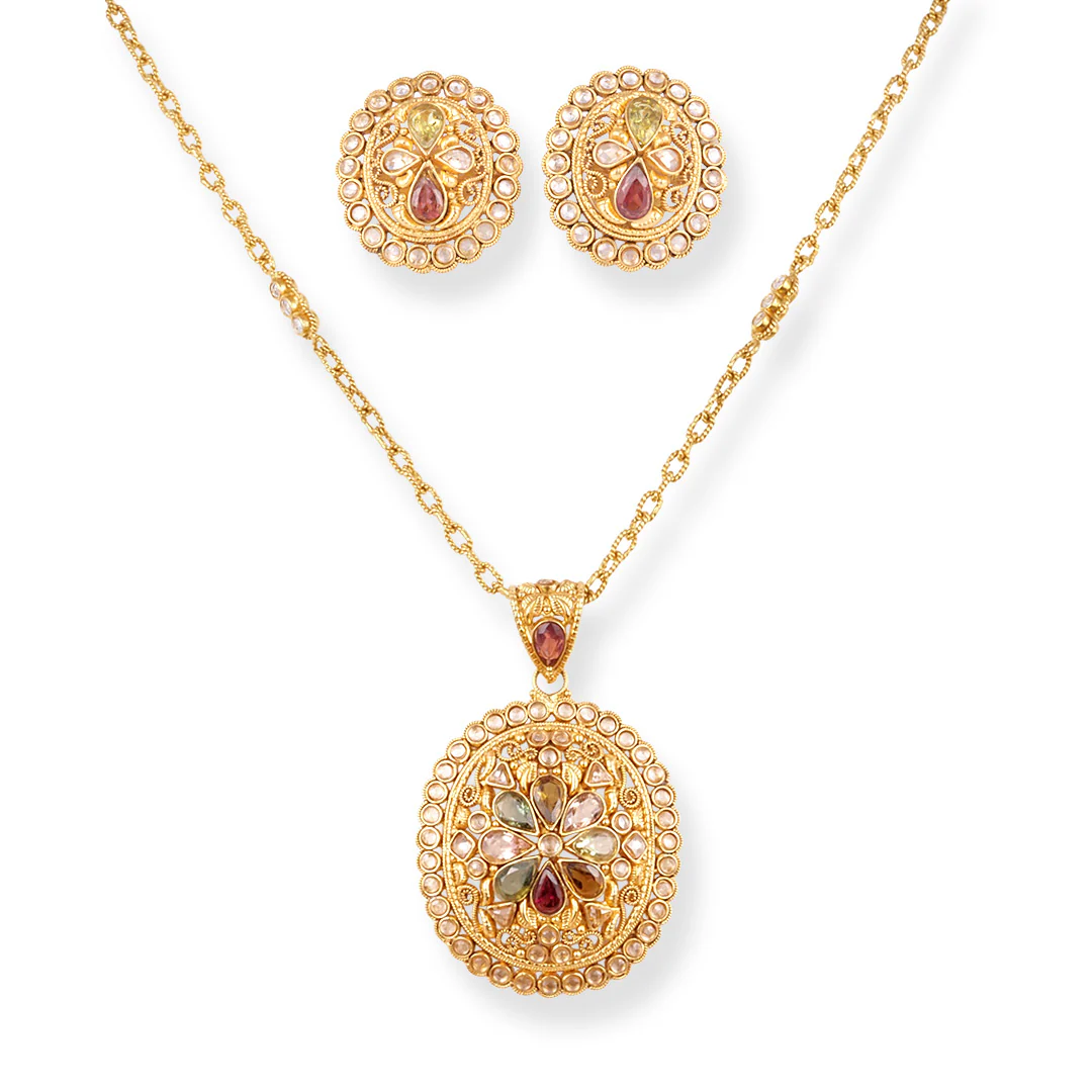 22ct Gold Antiquated Look Necklace and Earrings Set with Cubic Zirconia Stones