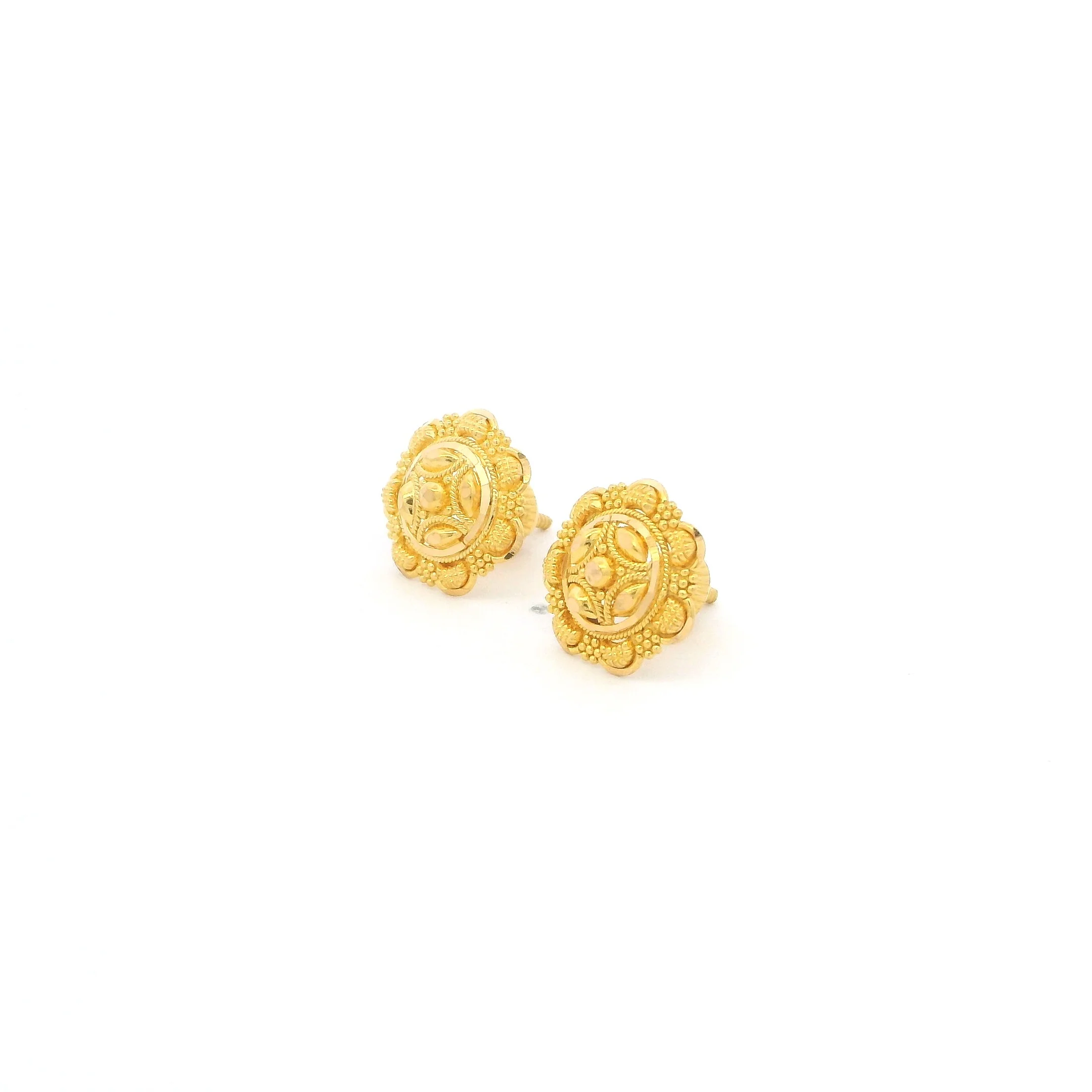 22ct Gold Round Stud Earrings with Floral Pattern – Classic Finish - Image 2