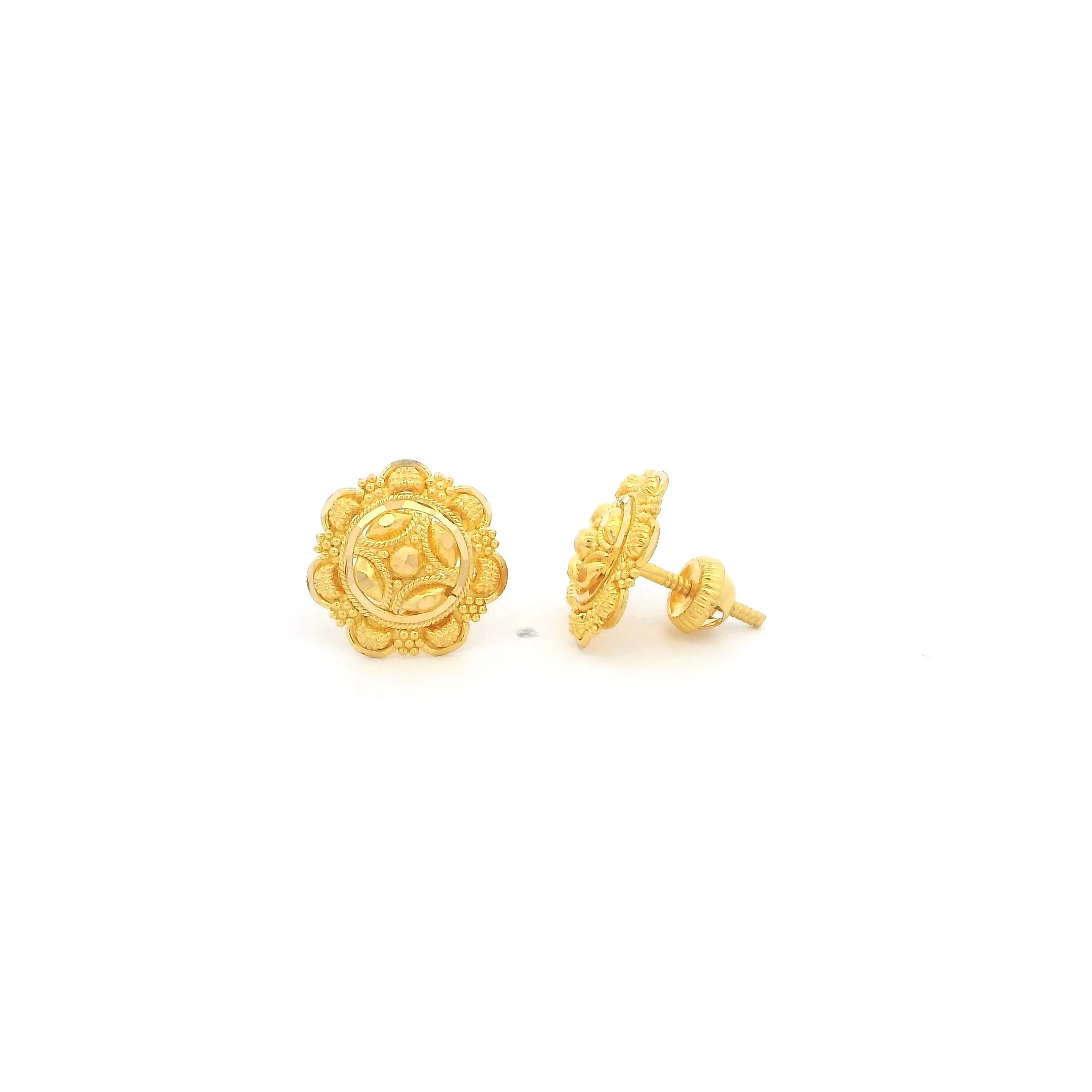 22ct Gold Round Stud Earrings with Floral Pattern – Classic Finish - Image 3