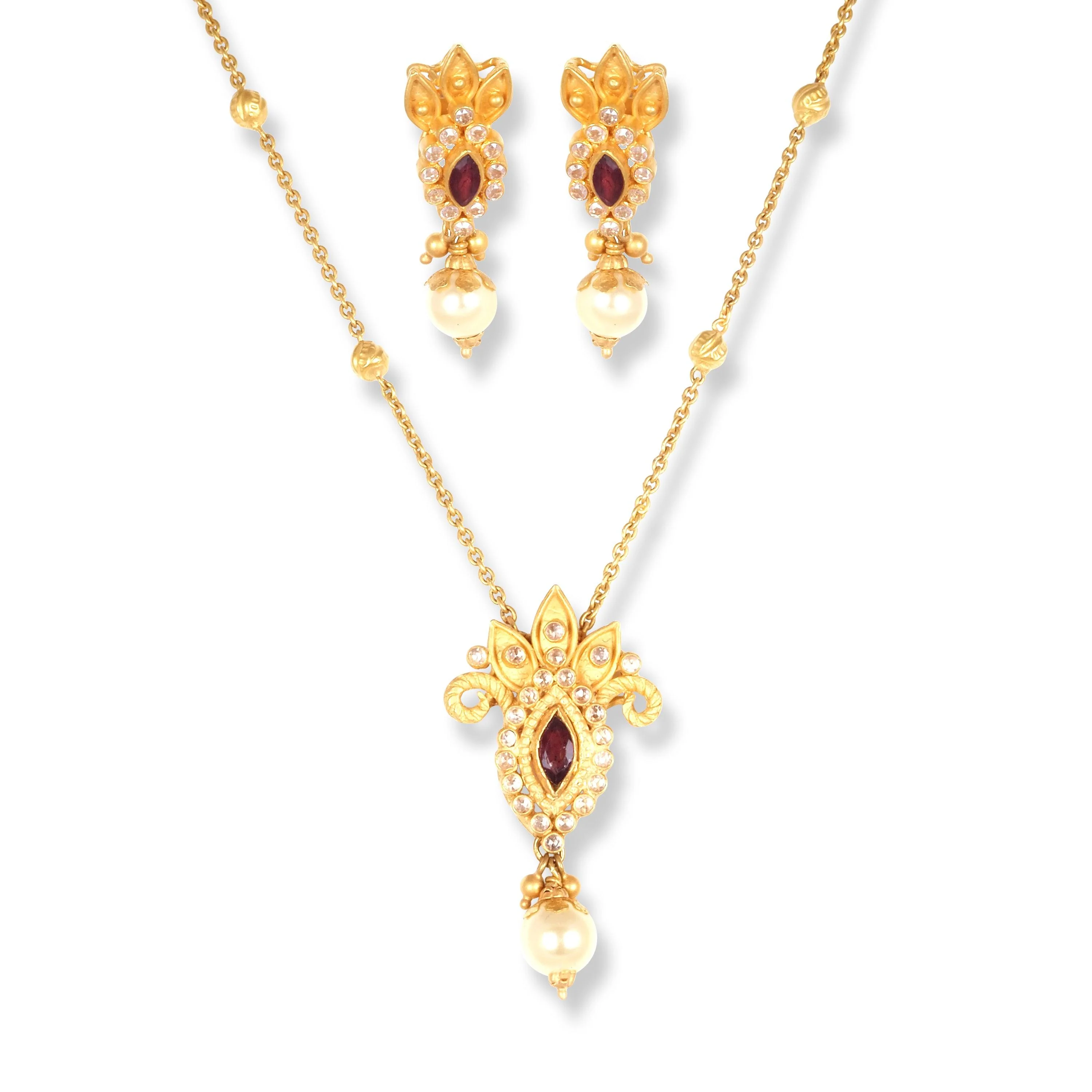 22ct Gold Set with Red & White Cubic Zirconia Stones and Cultured Pearls - Cultured pearls