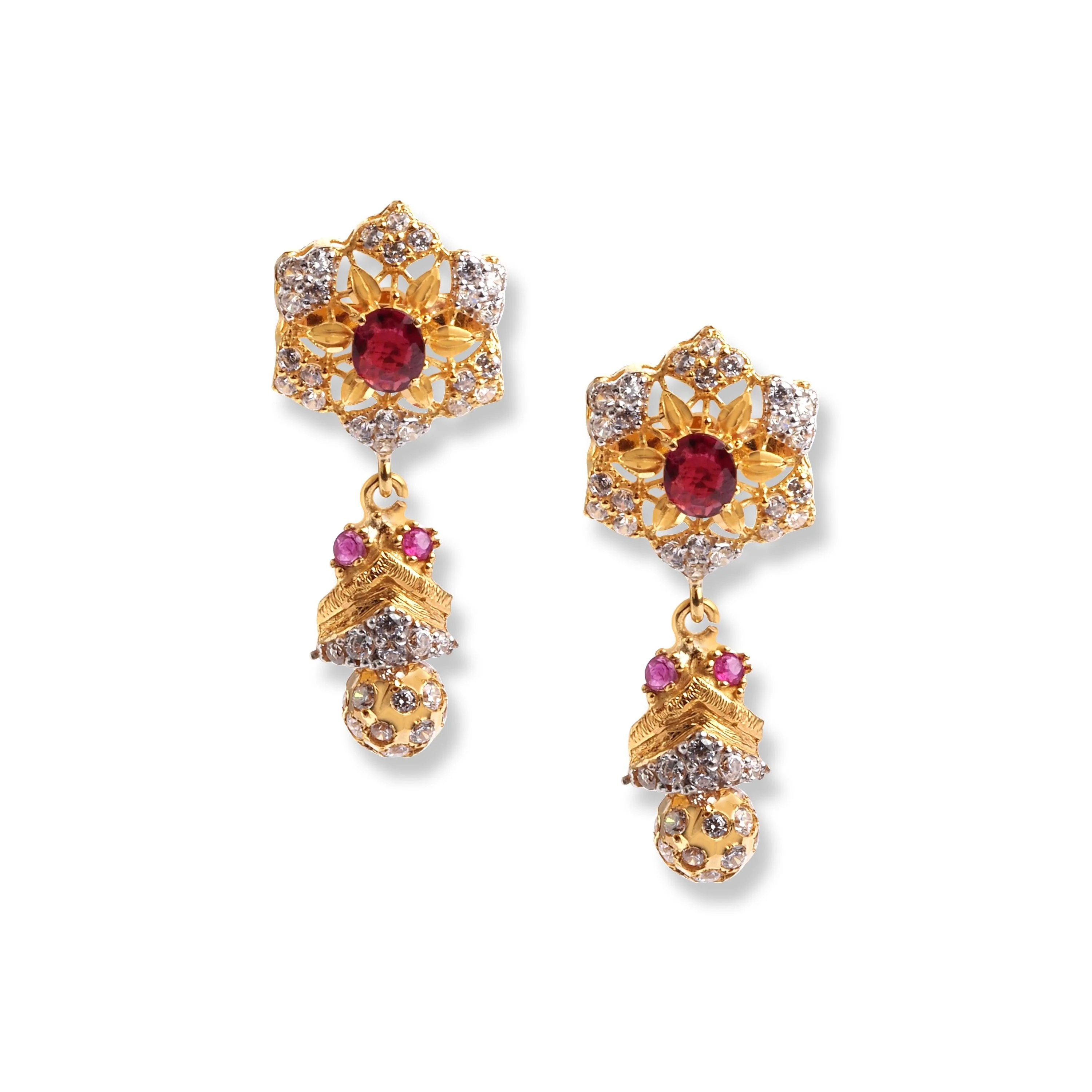 22ct Gold White & Red Cubic Zirconia with Drop Design Chain, Pendant and Earrings Set | Premium Gold Drop Design Jewellery - Image 2