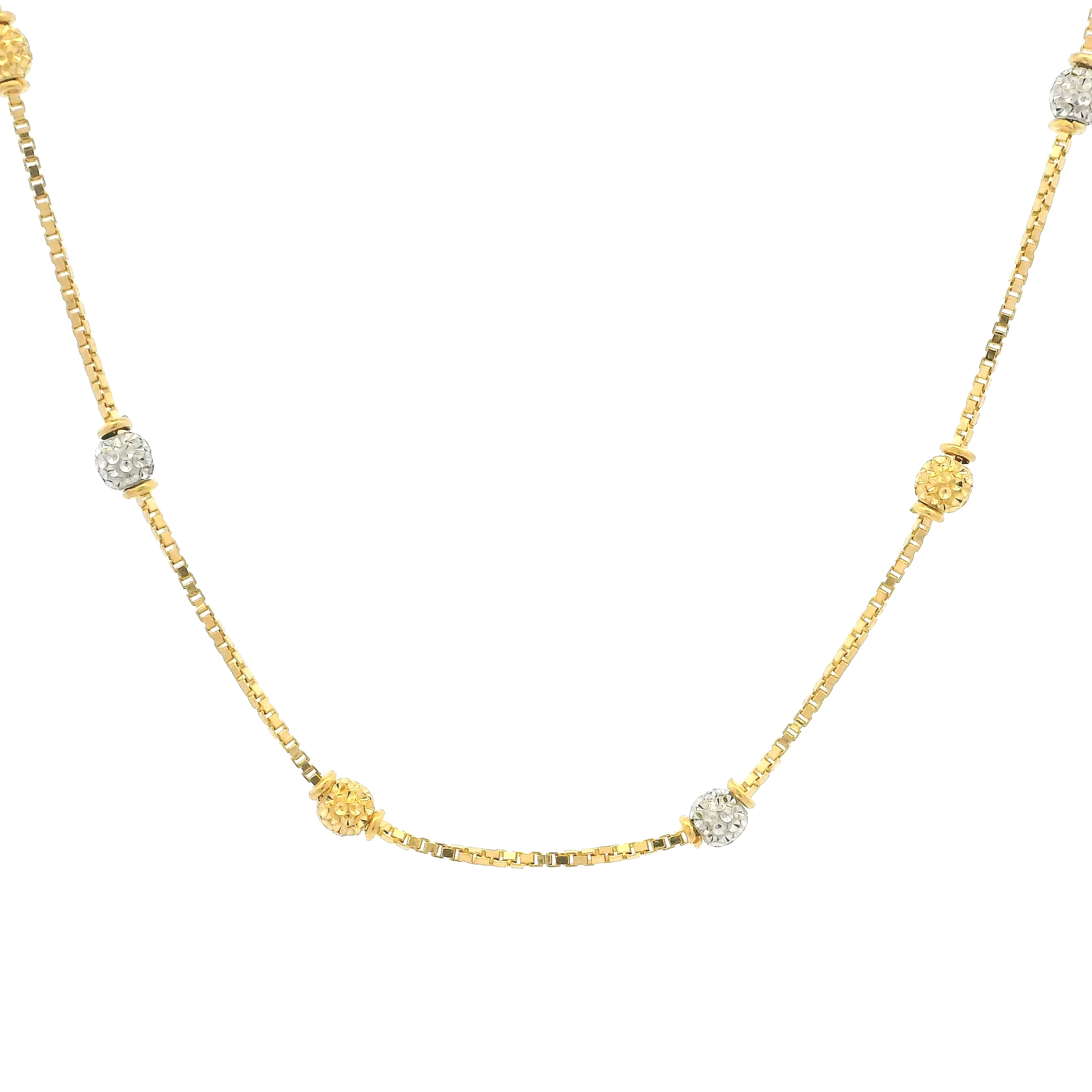 22ct Yellow Gold Chain with Gold & Rhodium Plated Beads at Intervals & Lobster Claw Clasp – Elegant & Unique | 16 Inches