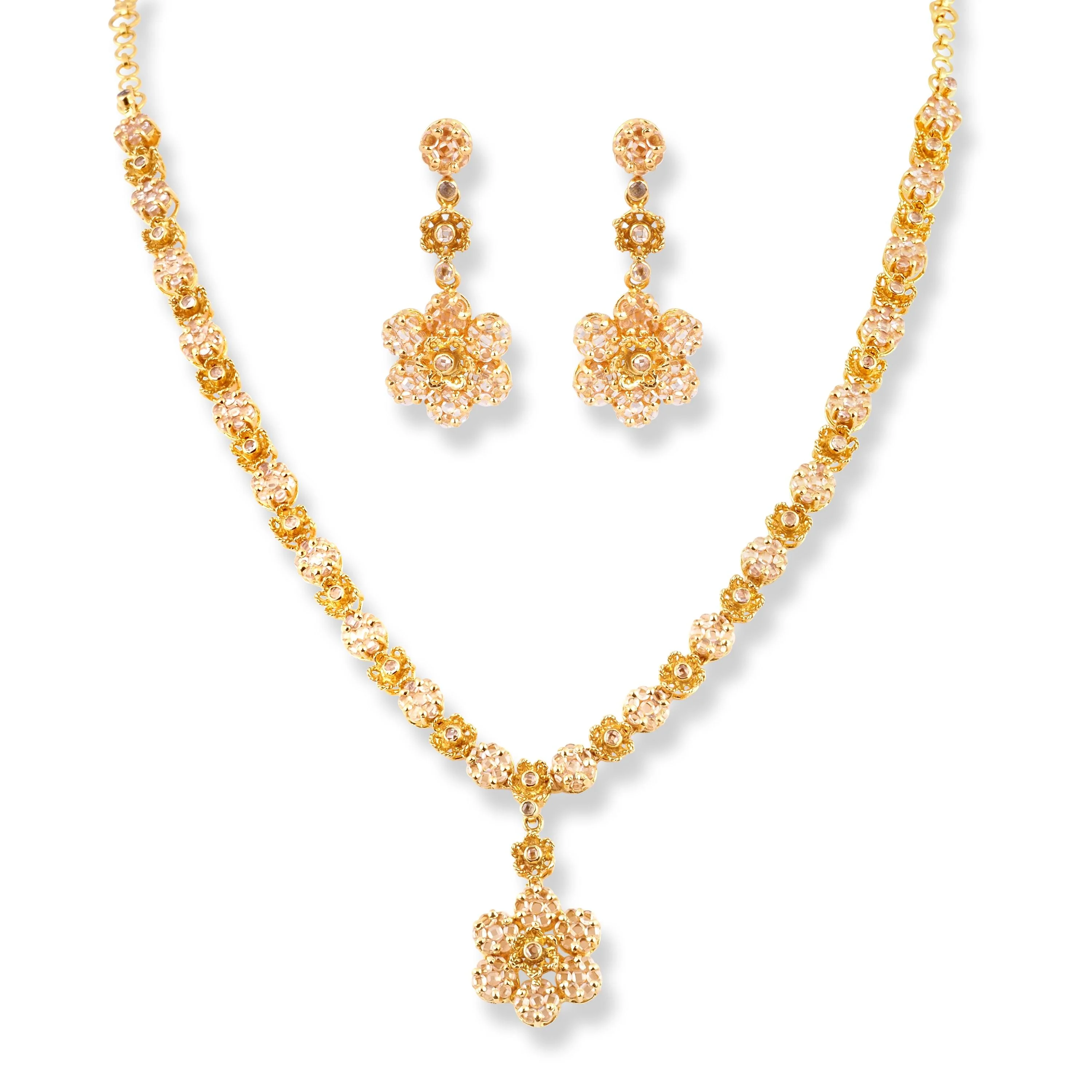 22ct Yellow Gold Floral Necklace and Earrings Set – Traditional Polki Style Jewellery