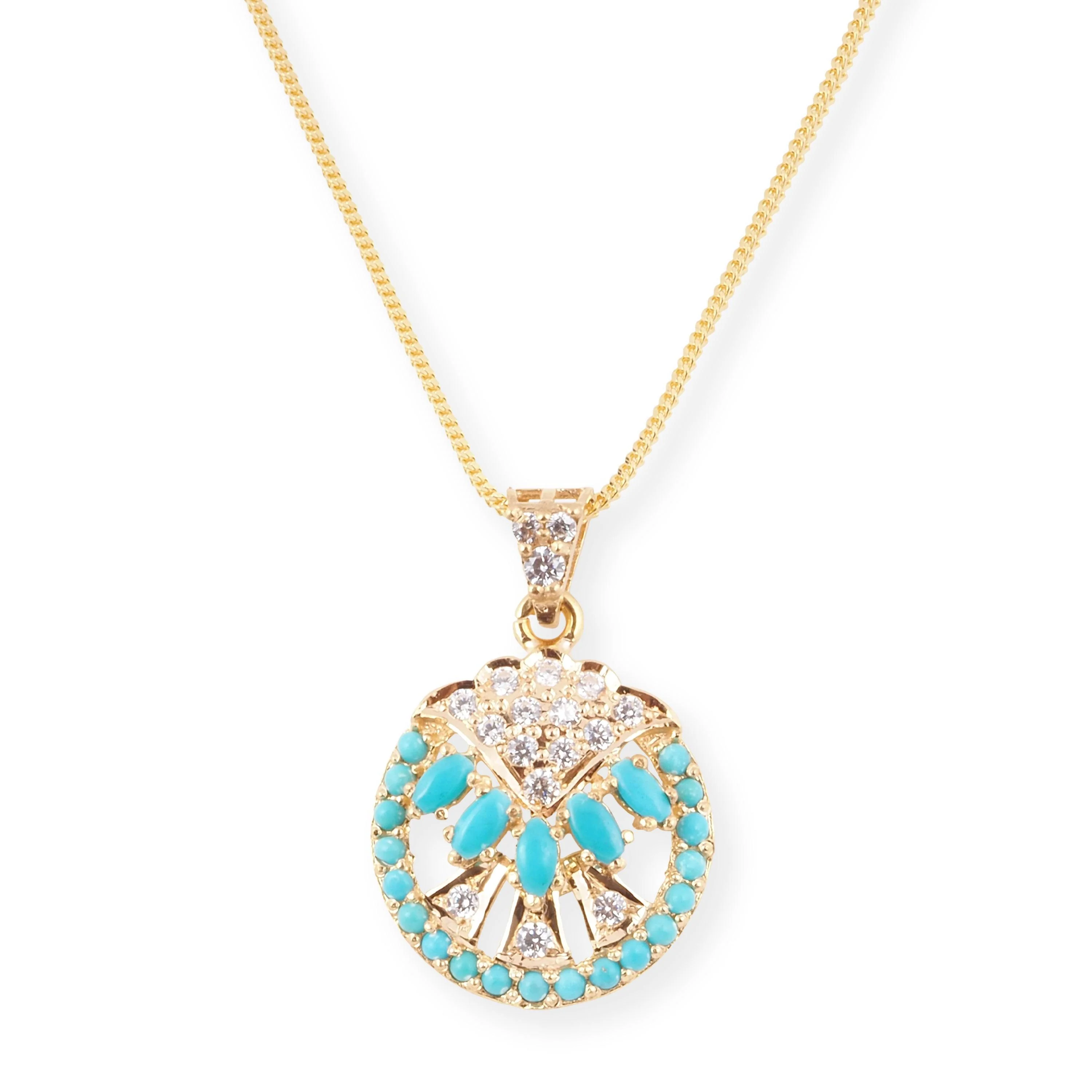 22ct Yellow Gold Necklace and Earrings Set with Turquoise and Cubic Zirconia Stones – Round Pendant Jewellery Suite - Image 2
