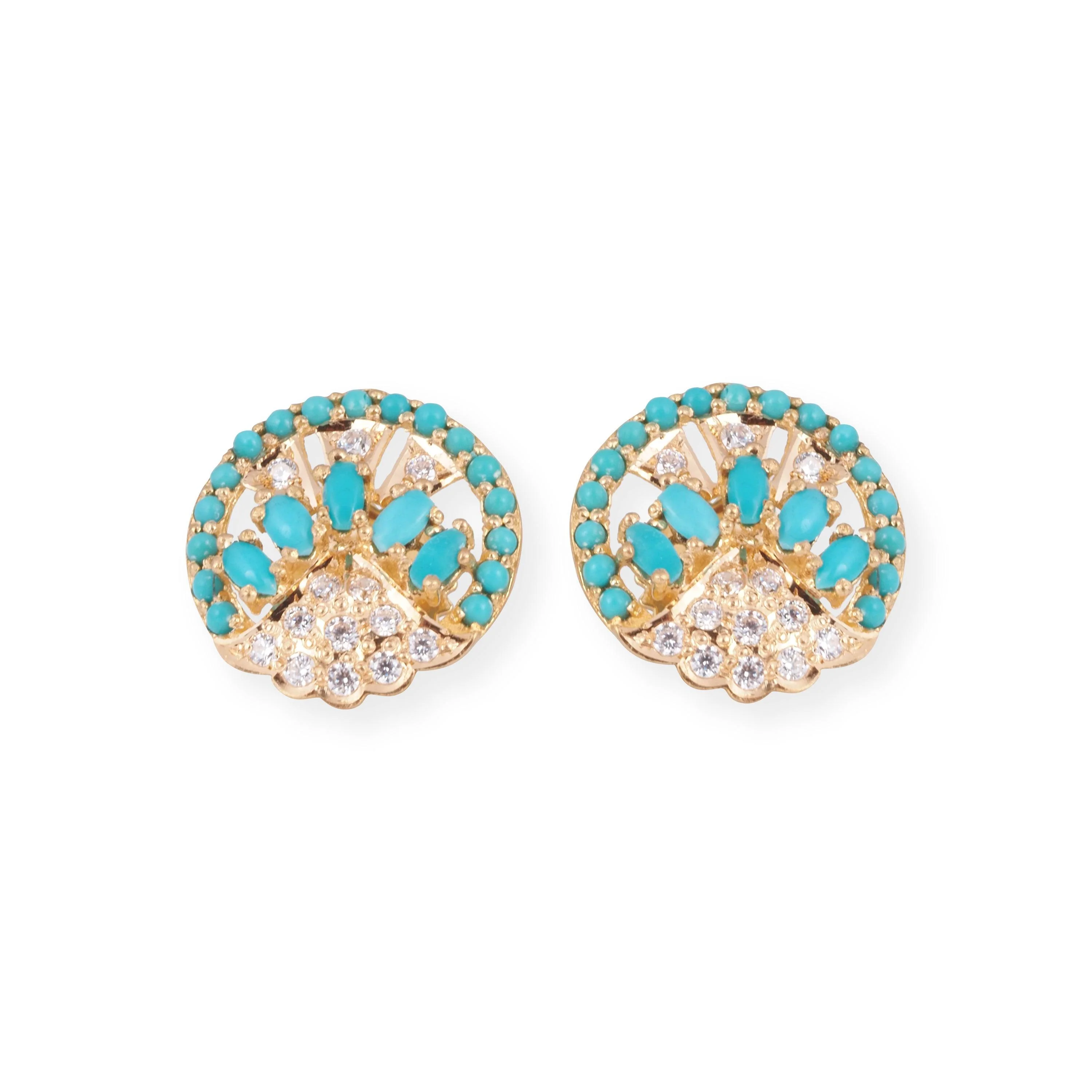 22ct Yellow Gold Necklace and Earrings Set with Turquoise and Cubic Zirconia Stones – Round Pendant Jewellery Suite - Image 3