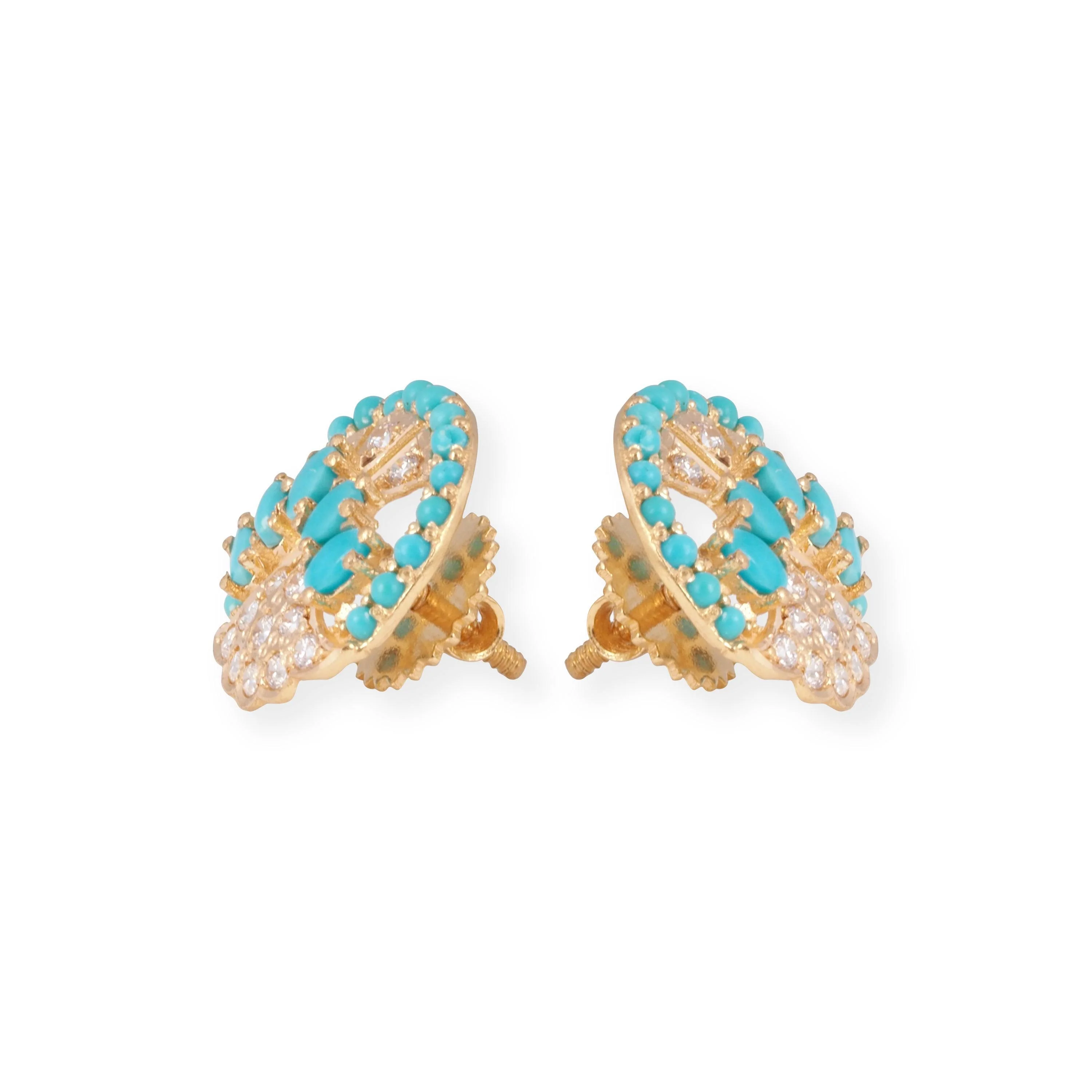 22ct Yellow Gold Necklace and Earrings Set with Turquoise and Cubic Zirconia Stones – Round Pendant Jewellery Suite - Image 5