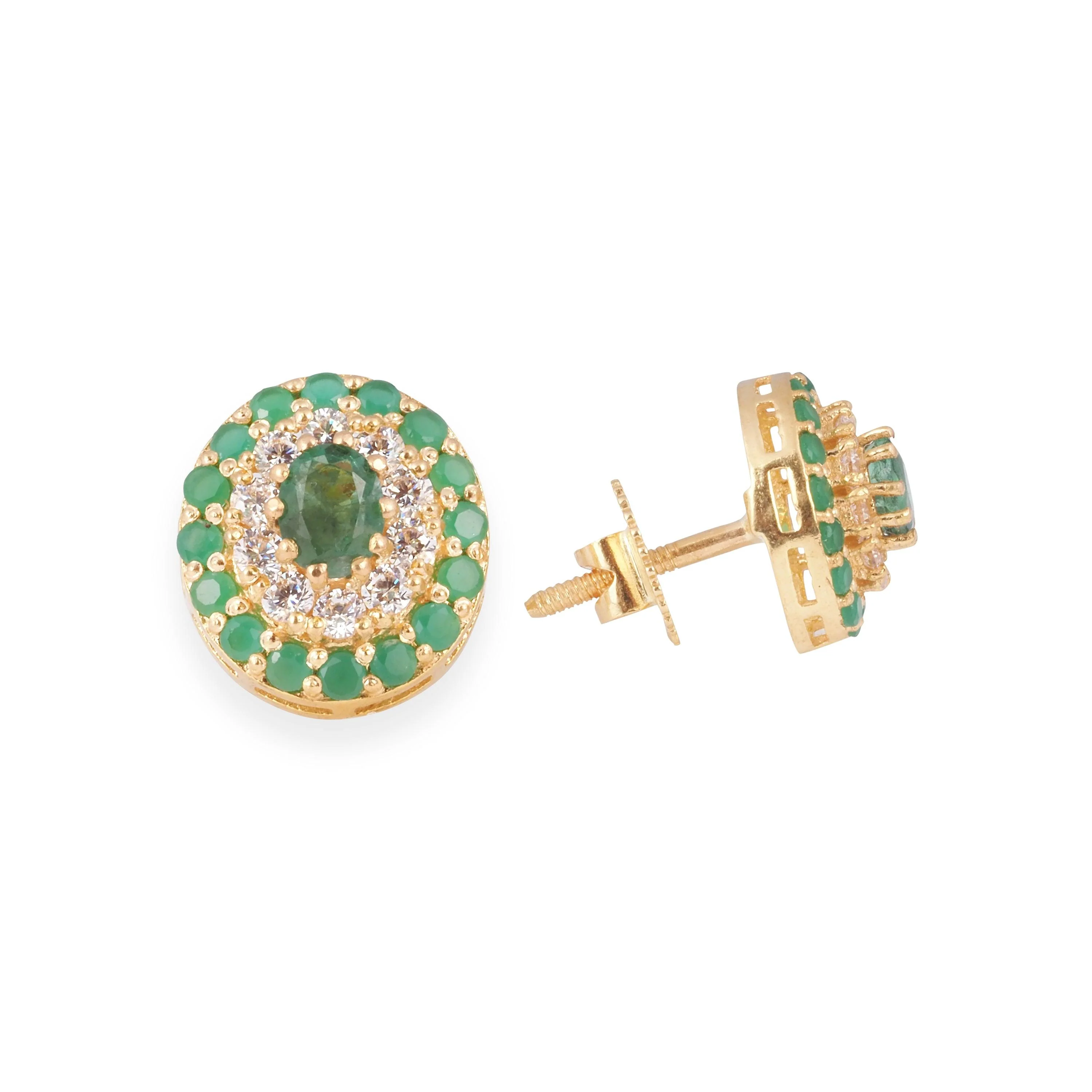 22ct Yellow Gold Pendant and Earrings Set with Green and Cubic Zirconia stones and Halo Design - Image 4