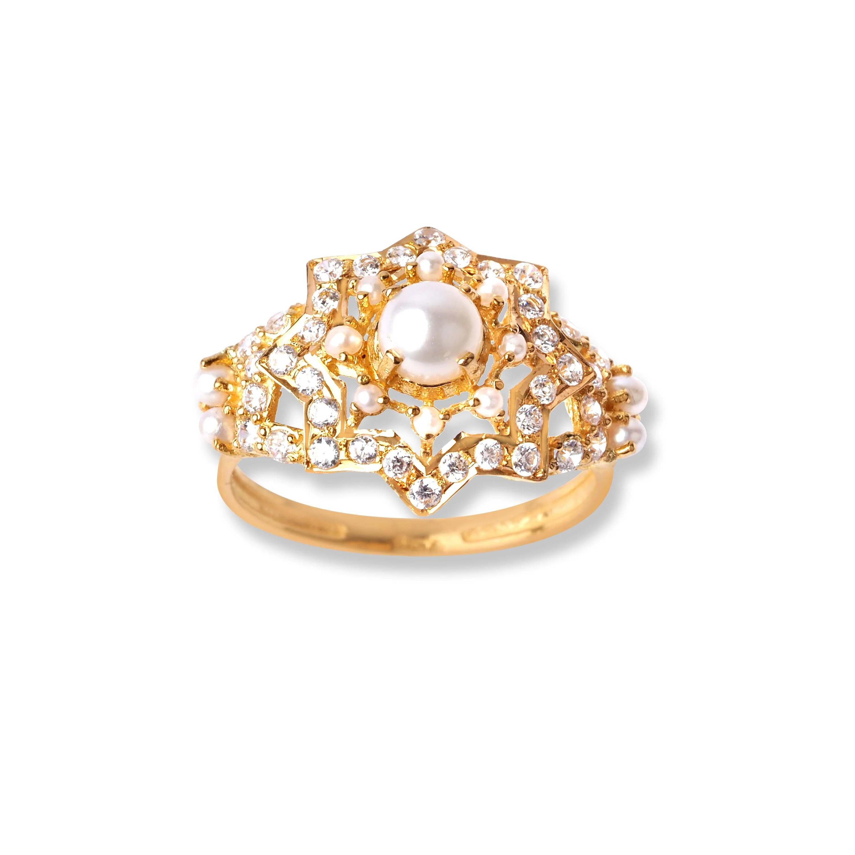 22ct Yellow Gold Ring With Cultured Pearls & Cubic Zirconia Stones (3.7g) LR-16581 - Image 2