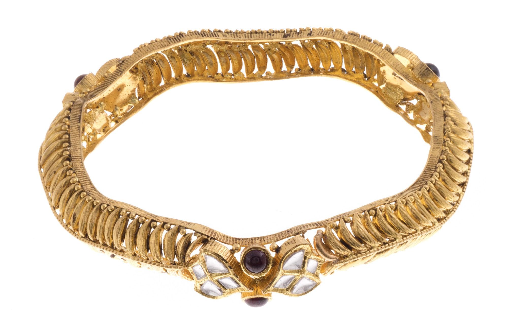 22ct Yellow Gold Antiquated Look Bangle with Synthetic Stones - Antique Gold Bangle Charm - Image 3