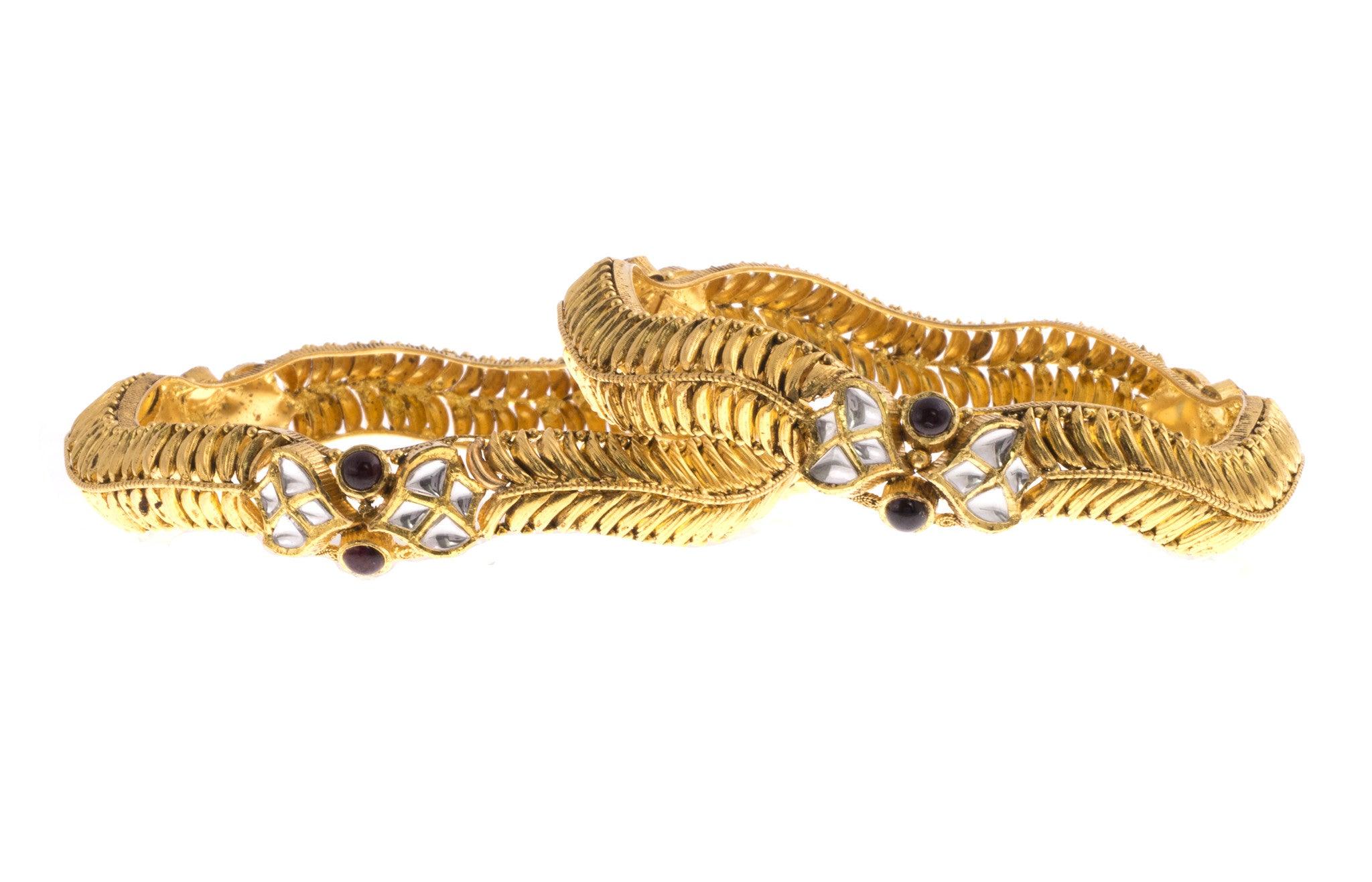 22ct Yellow Gold Antiquated Look Bangle with Synthetic Stones - Antique Gold Bangle Charm - Image 5