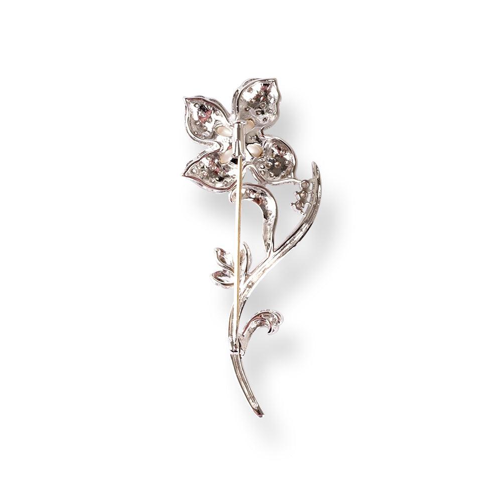 18ct White Gold Diamond Brooch with Cultured Pearl in Flower Design BRO-5886 - Image 2