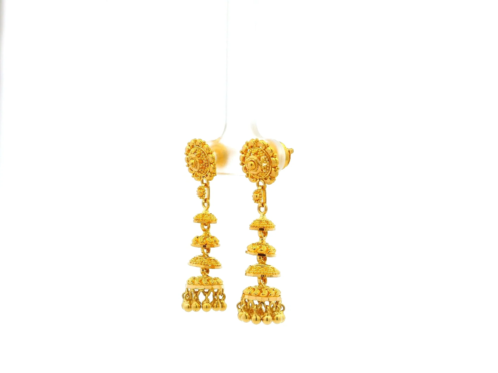 Elegant 22ct Gold Jhumka Earrings – Traditional Three-Tier Filigree Design - Image 3