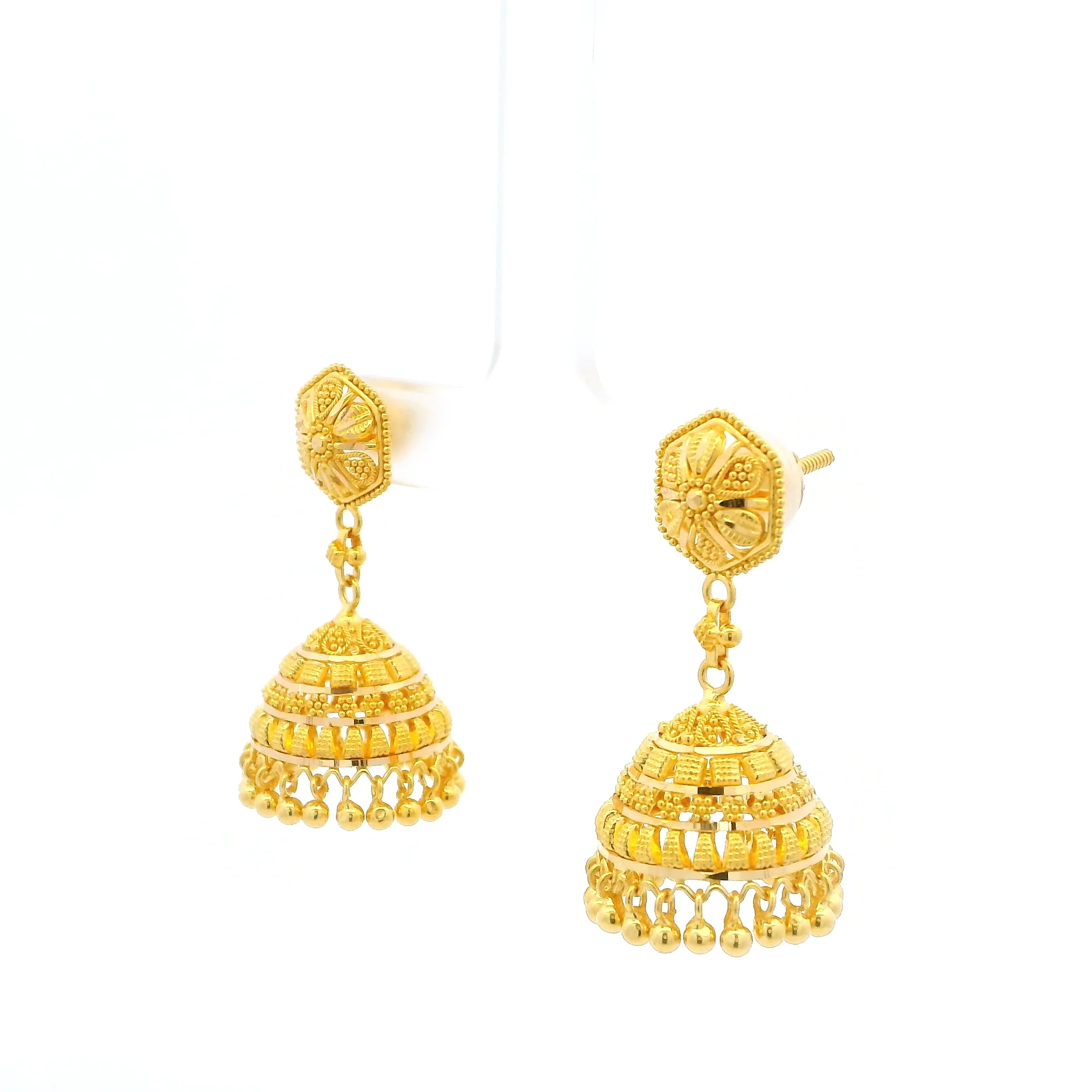 Filigree Design Jhumka Earrings in 22ct Yellow Gold – Ethnic Jewellery - Image 3