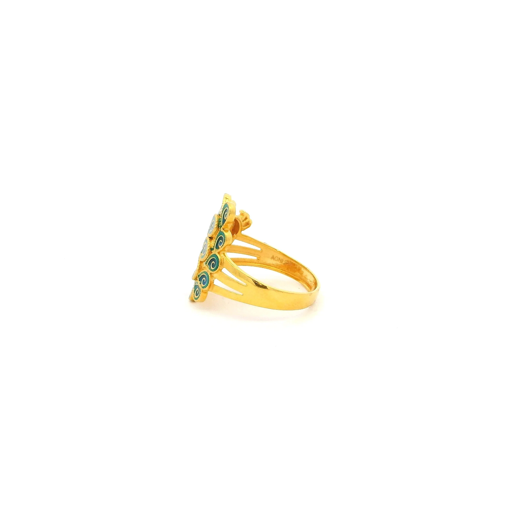 Gold Peacock Ring in 22ct | Designer Dress Ring with Enamel Artwork - Image 4