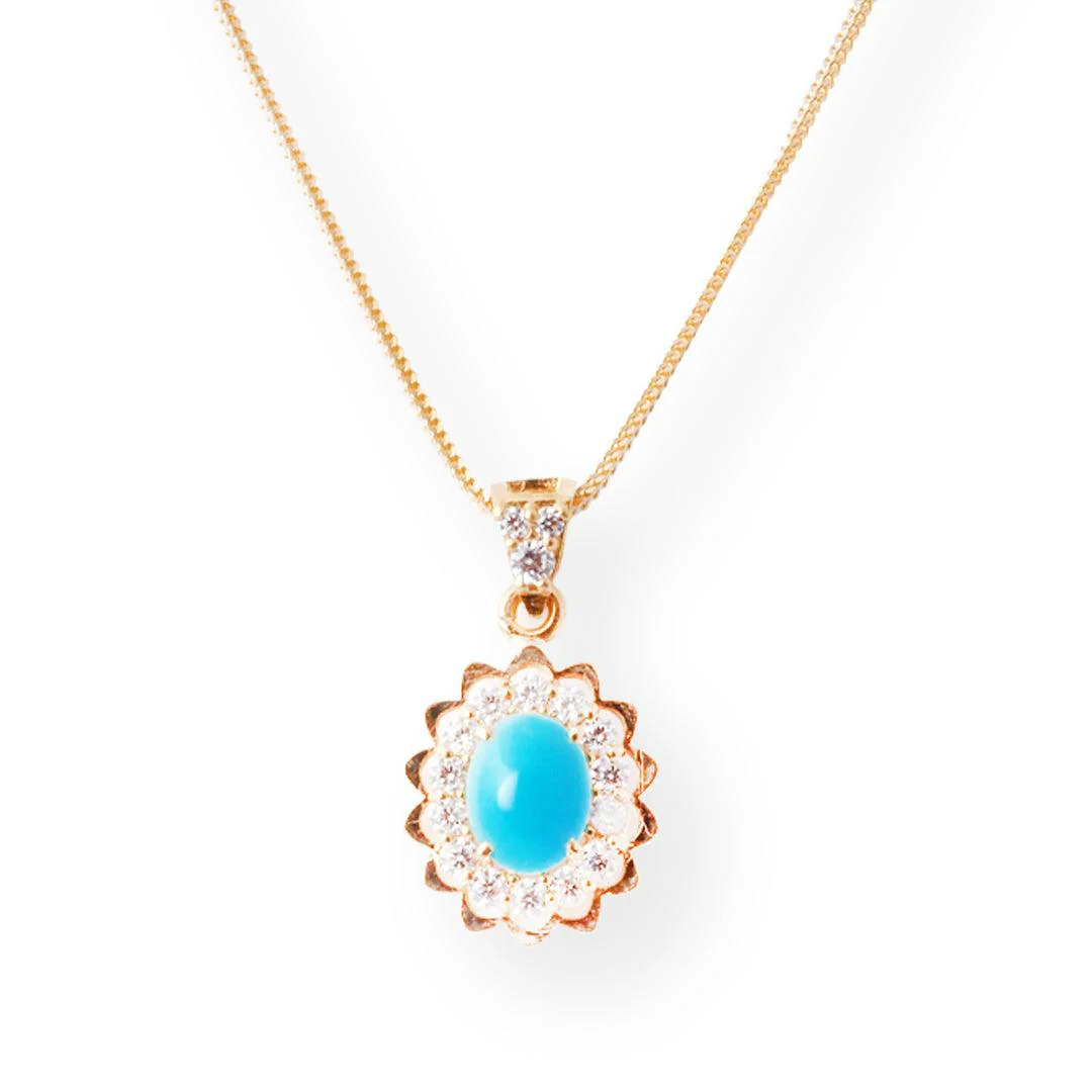 Luxury 22ct Gold Floral Design Pendant and Earrings Suite with Turquoise and Cubic Zirconia - Image 3