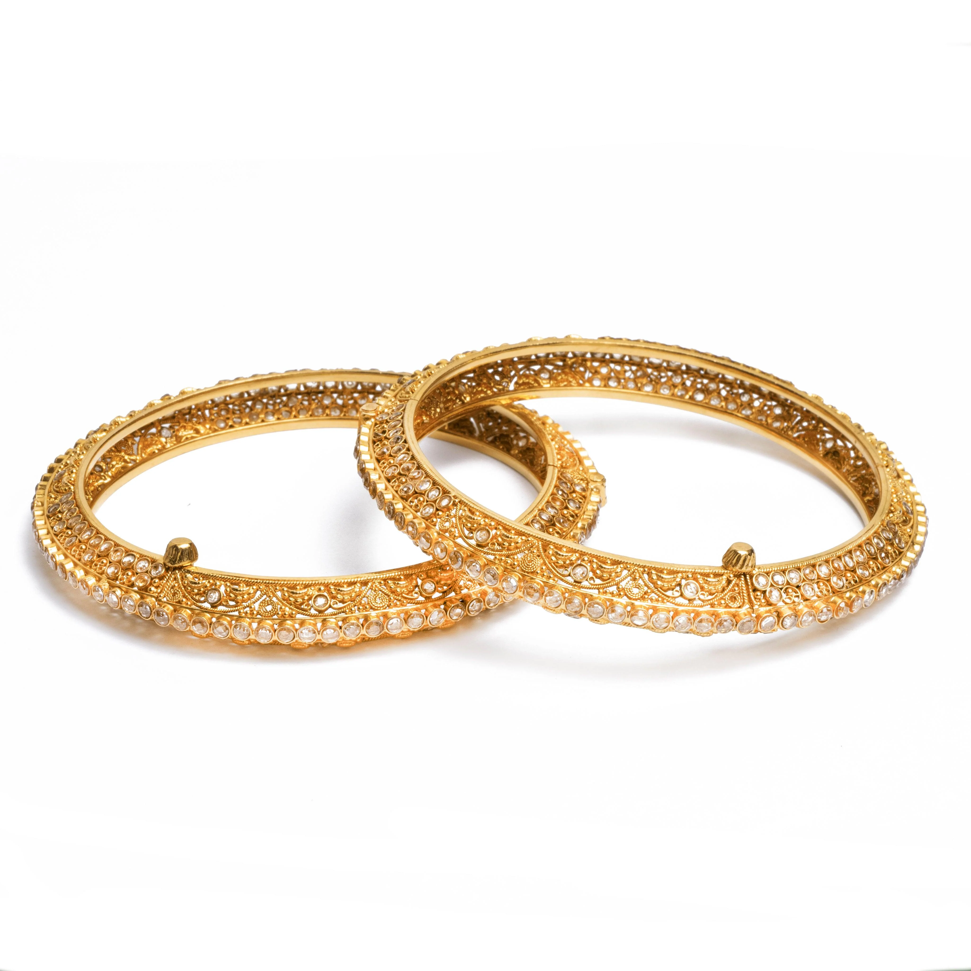 Pair of 22ct Gold Antiquated Look Openable Bangles with Polki Style Stones - Polki Stone Gold Bangles