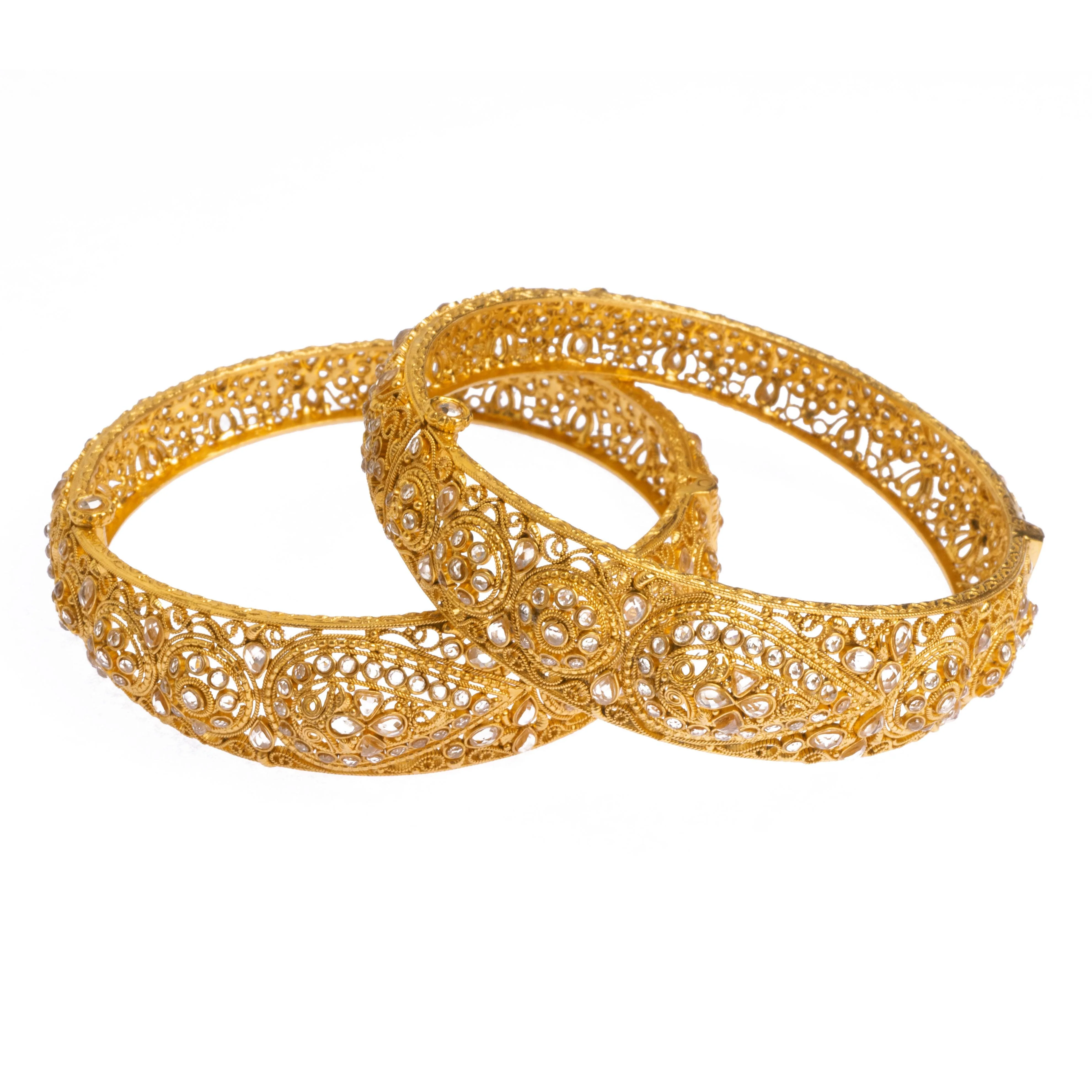 Pair of 22ct Gold Antiquated Look Openable Bangles with Polki Style Stones - Antique Gold Bangles with Polki Stones