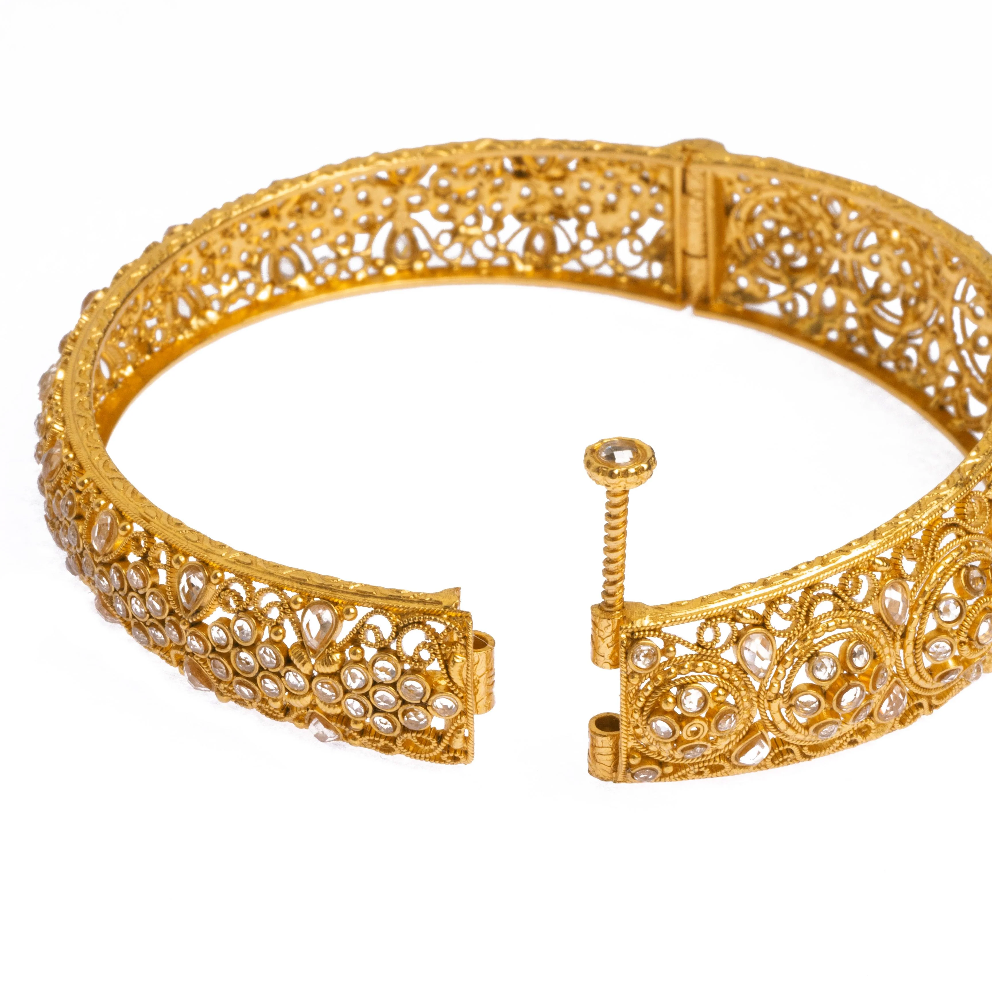 Pair of 22ct Gold Antiquated Look Openable Bangles with Polki Style Stones - Antique Gold Bangles with Polki Stones - Image 2