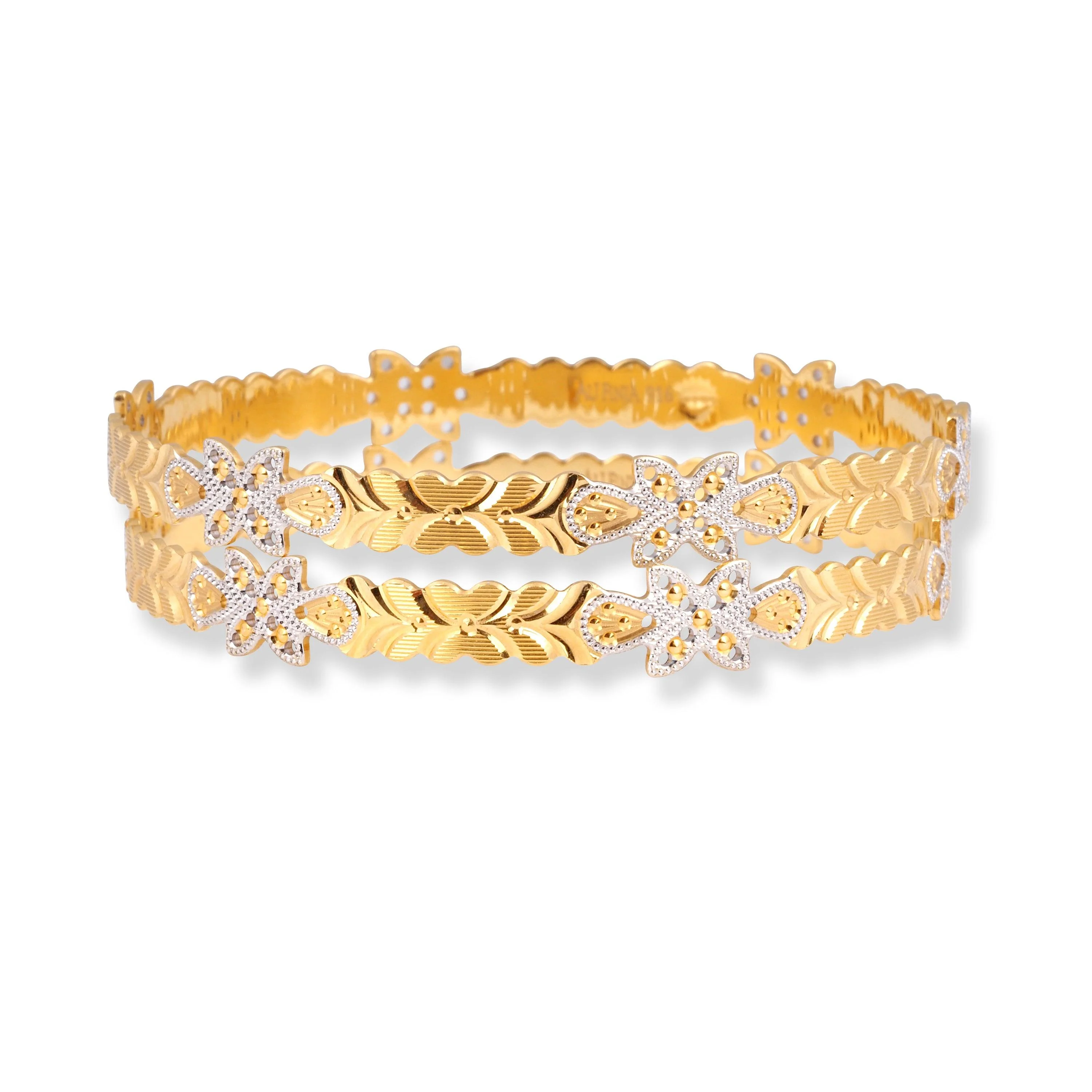 Pair of 22ct Gold Bangles with Flower Design and Rhodium Plating - Gold Bangles with Floral Charm