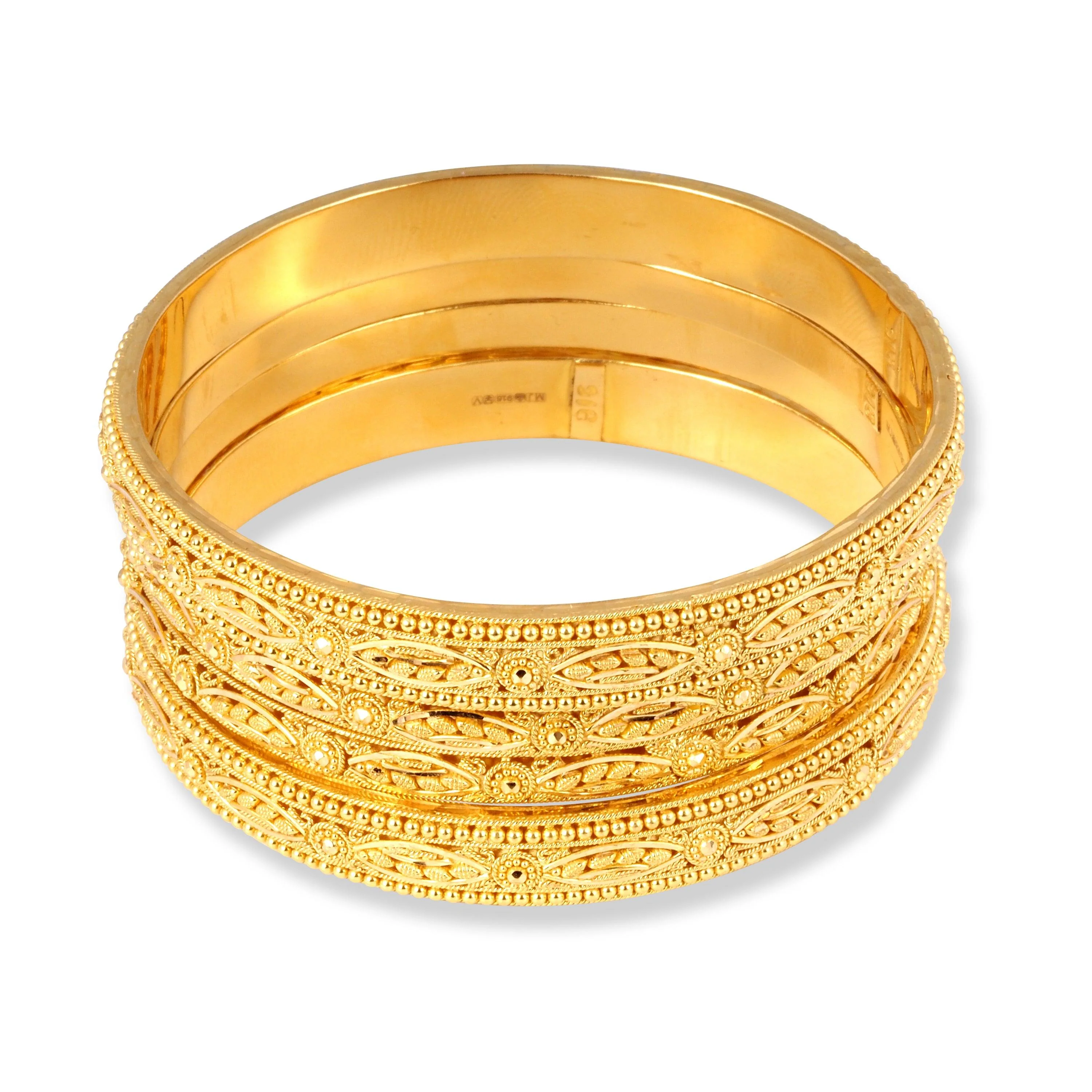 Set of Four 22ct Gold Bangles with Flower Design and Filigree Work - Elegant 22ct Gold Bangles - Image 4