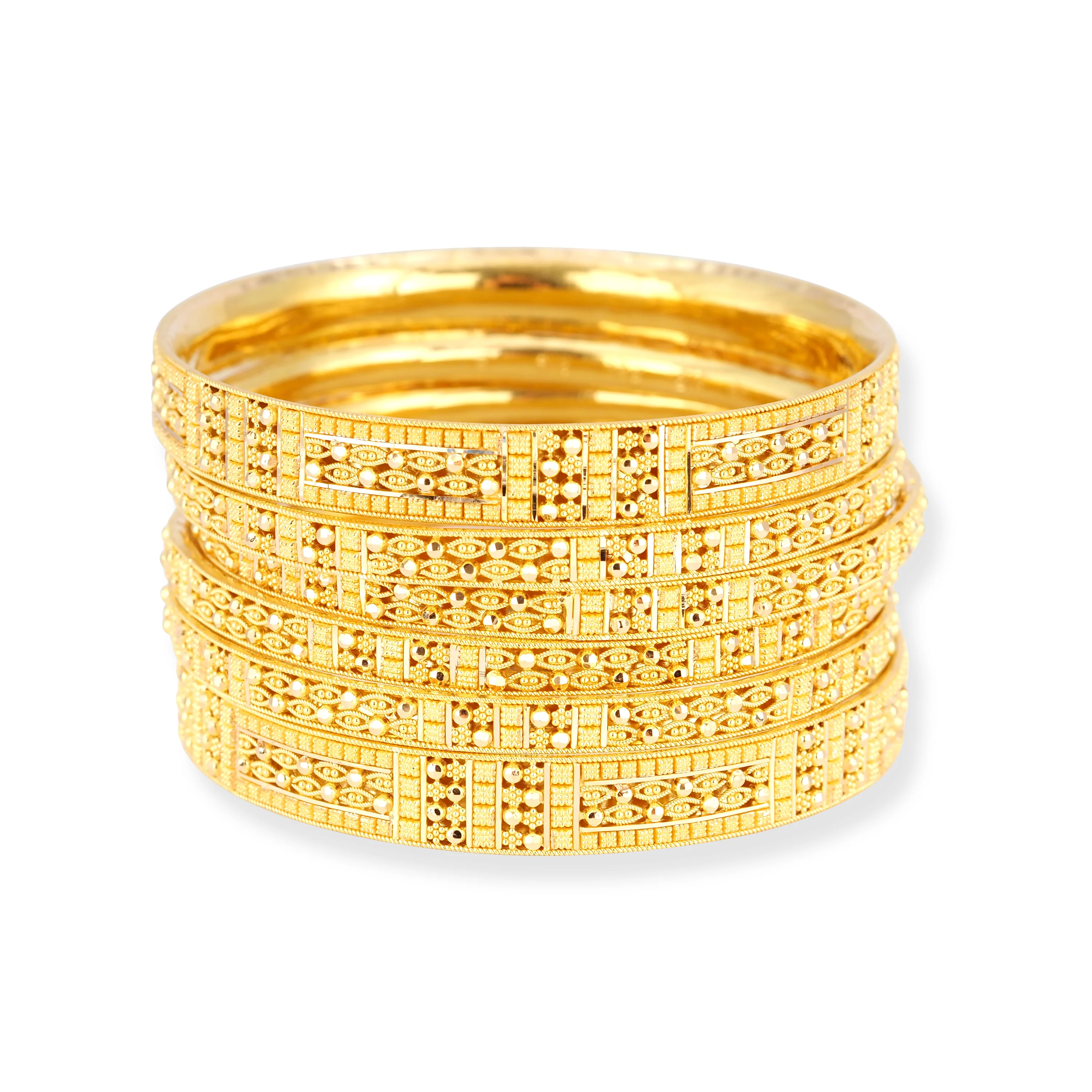 Set of Six 22ct Gold Bangles with Filigree Design and Comfort Fit.