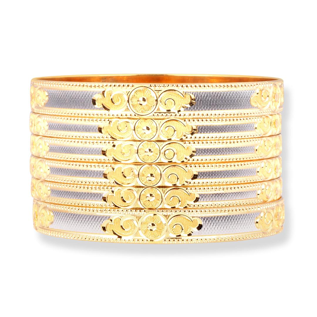 Set of Six 22ct Gold Bangles with Rhodium Plating and Flower Design - Exquisite Gold Bangle Set