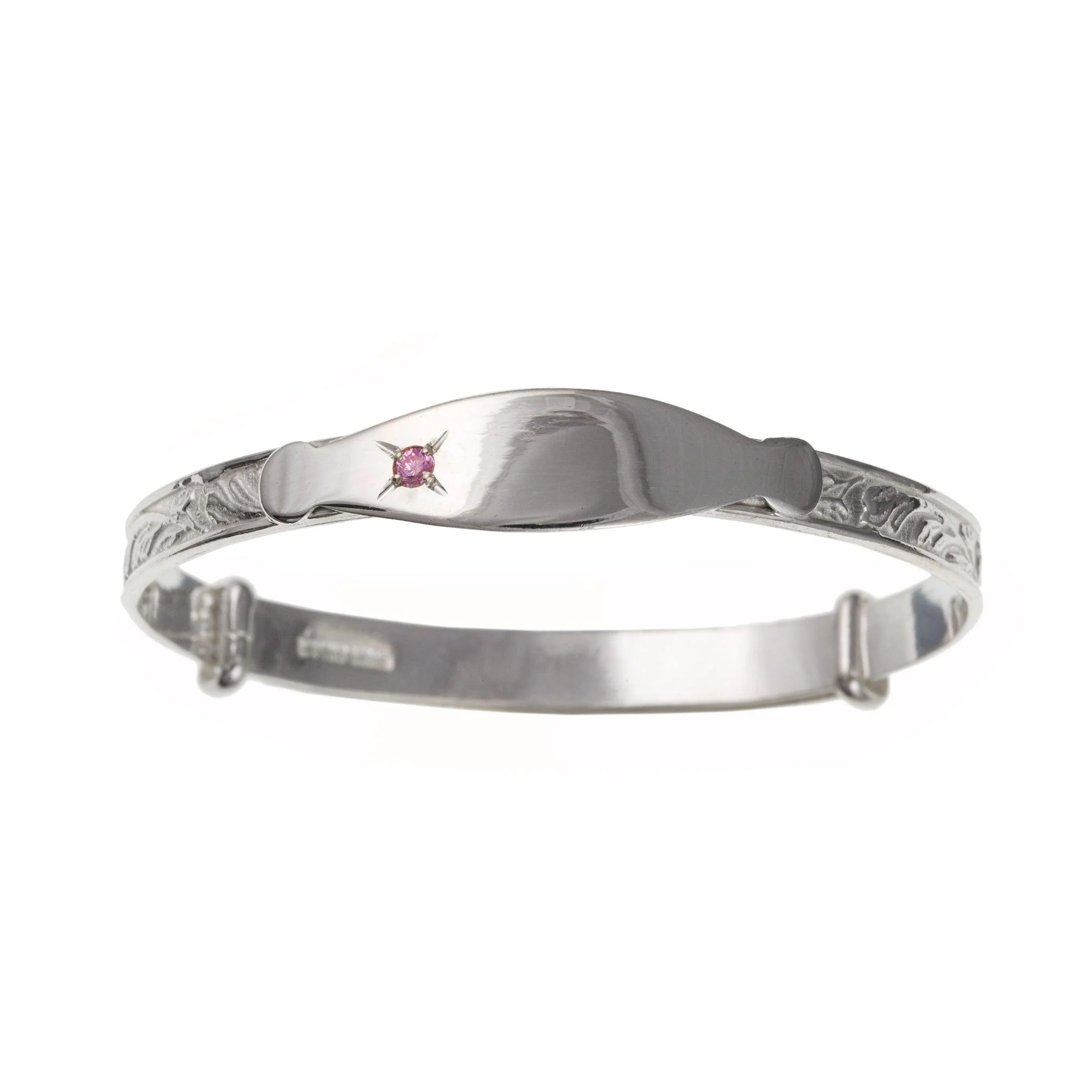 Sterling Silver Children's Adjustable ID Bangle set with Pink CZ