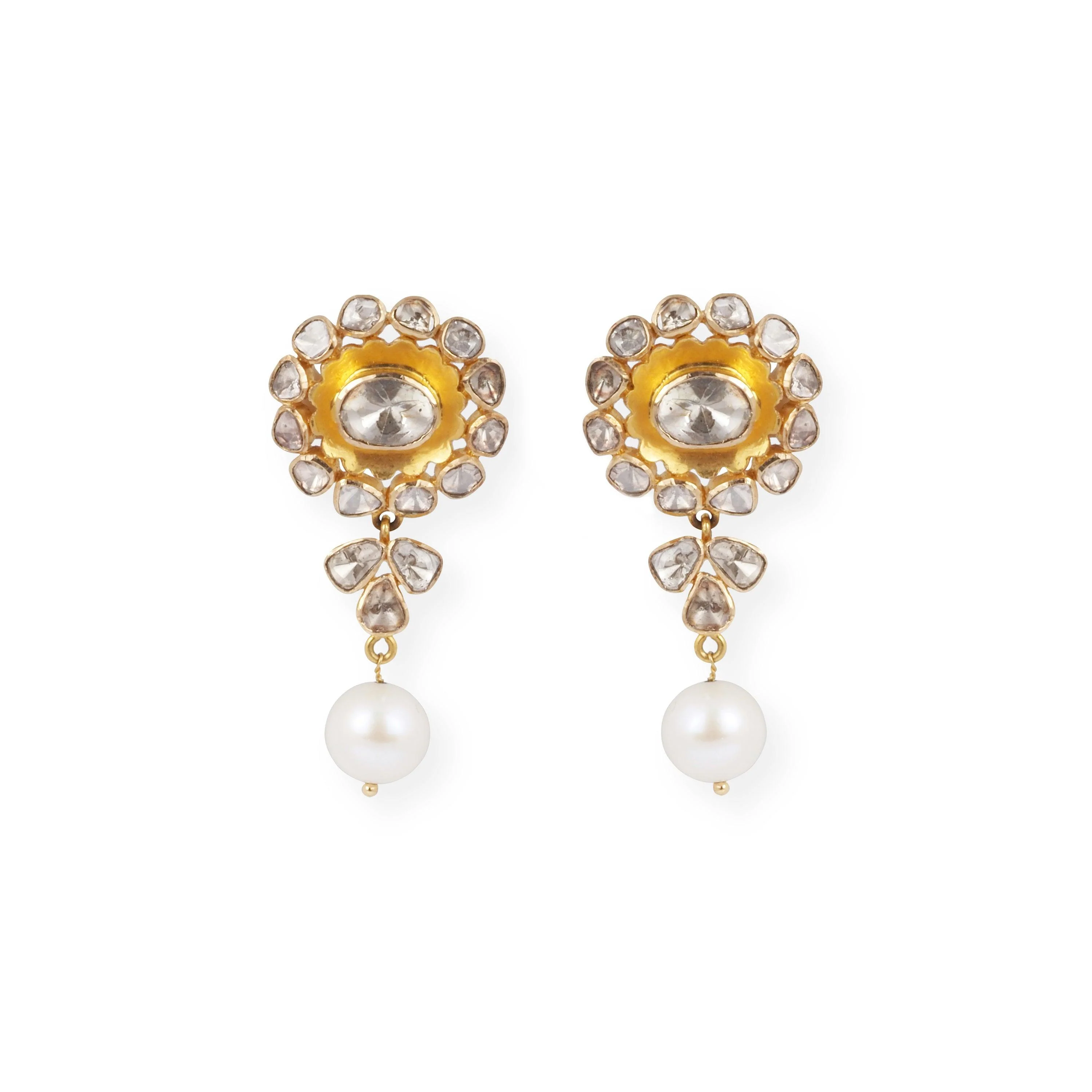 Traditional 18ct Yellow Gold Polki Diamond Necklace & Earrings with Pearl Detailing - Image 2